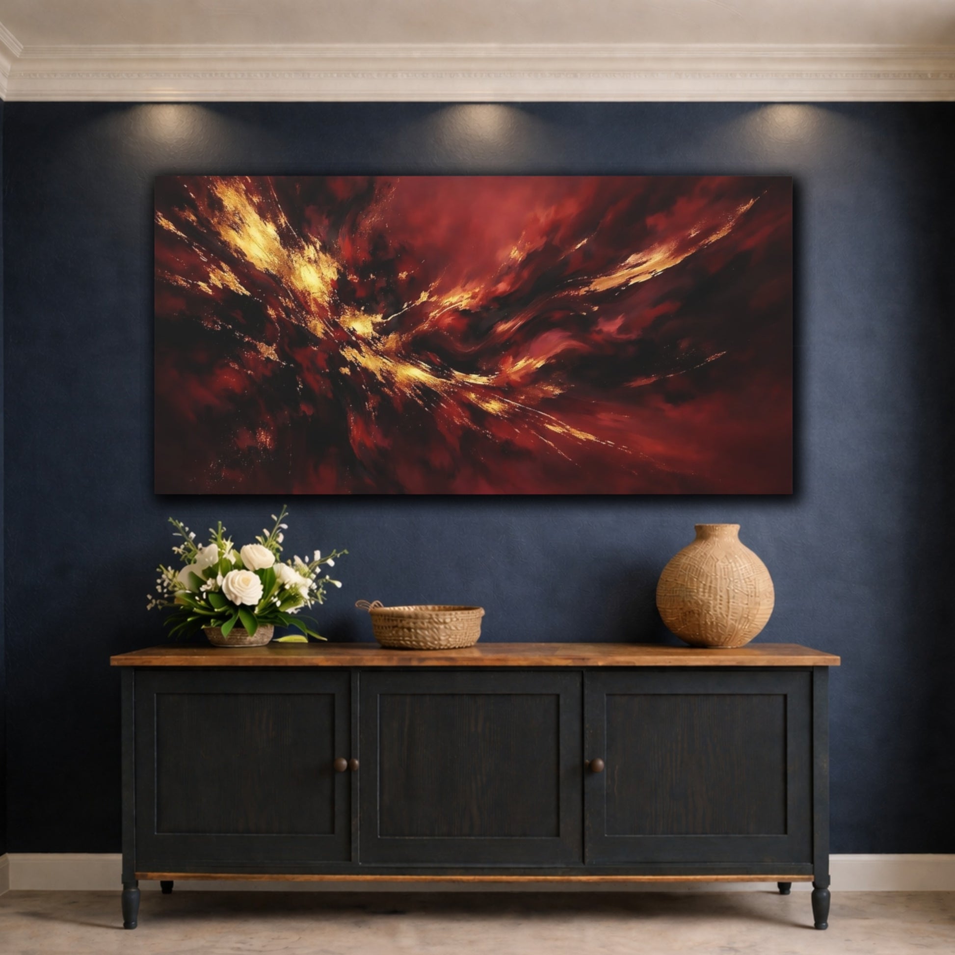 Mockup 4. Abstract Abstract Explosion Red Gold Abstract shown as stretched canvas wall art