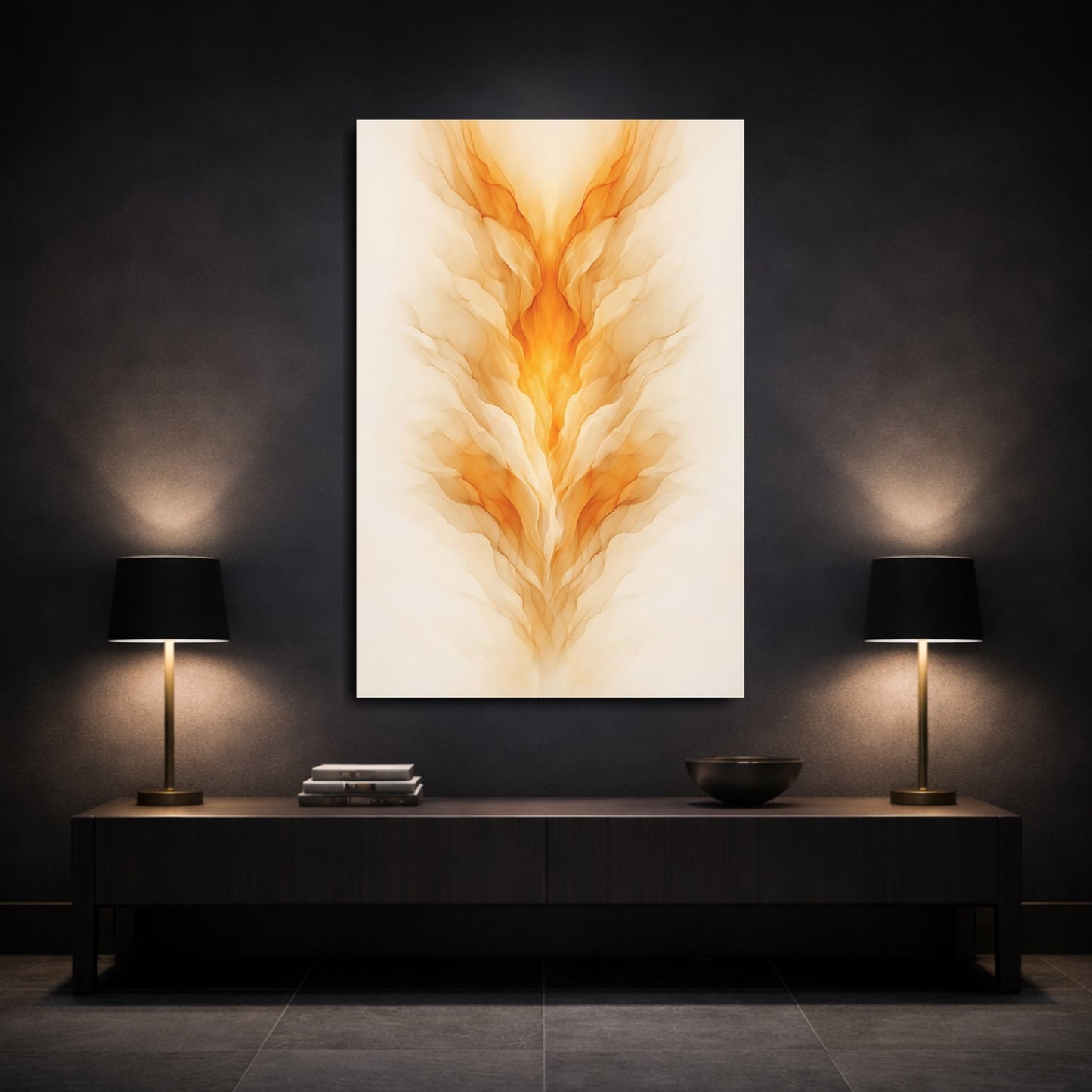 Mockup 2. Abstract Abstract Flame Orange Abstract shown as stretched canvas wall art