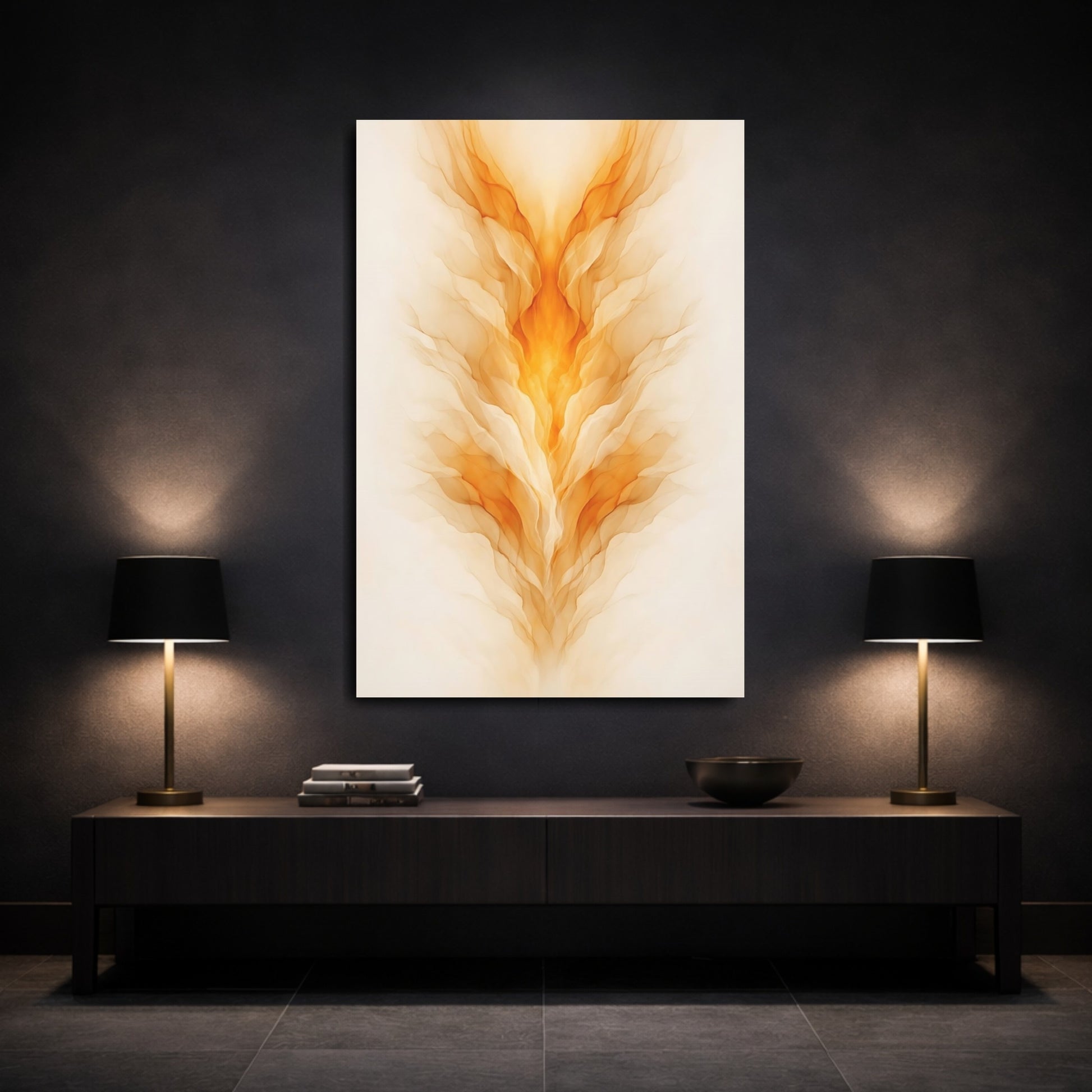 Mockup 2. Abstract Abstract Flame Orange Abstract shown as stretched canvas wall art