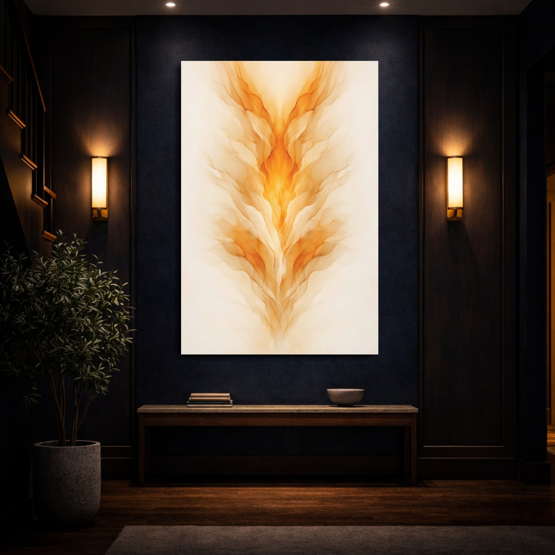 Mockup 3. Abstract Abstract Flame Orange Abstract shown as stretched canvas wall art