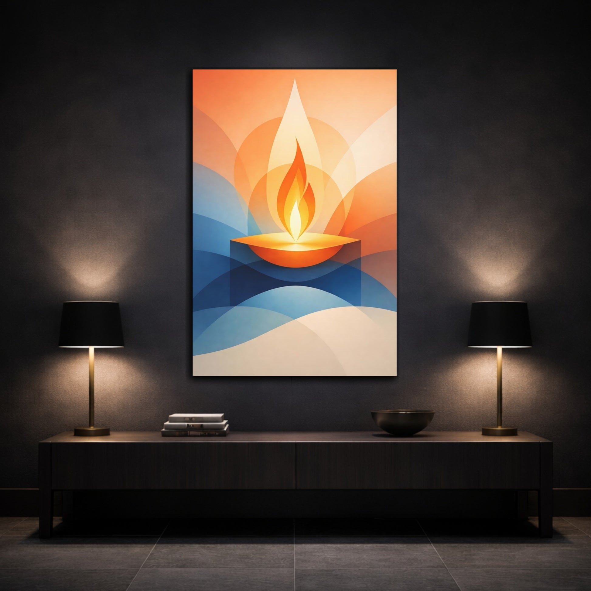 Mockup 2. Abstract Abstract Flame Orange Blue Abstract shown as stretched canvas wall art