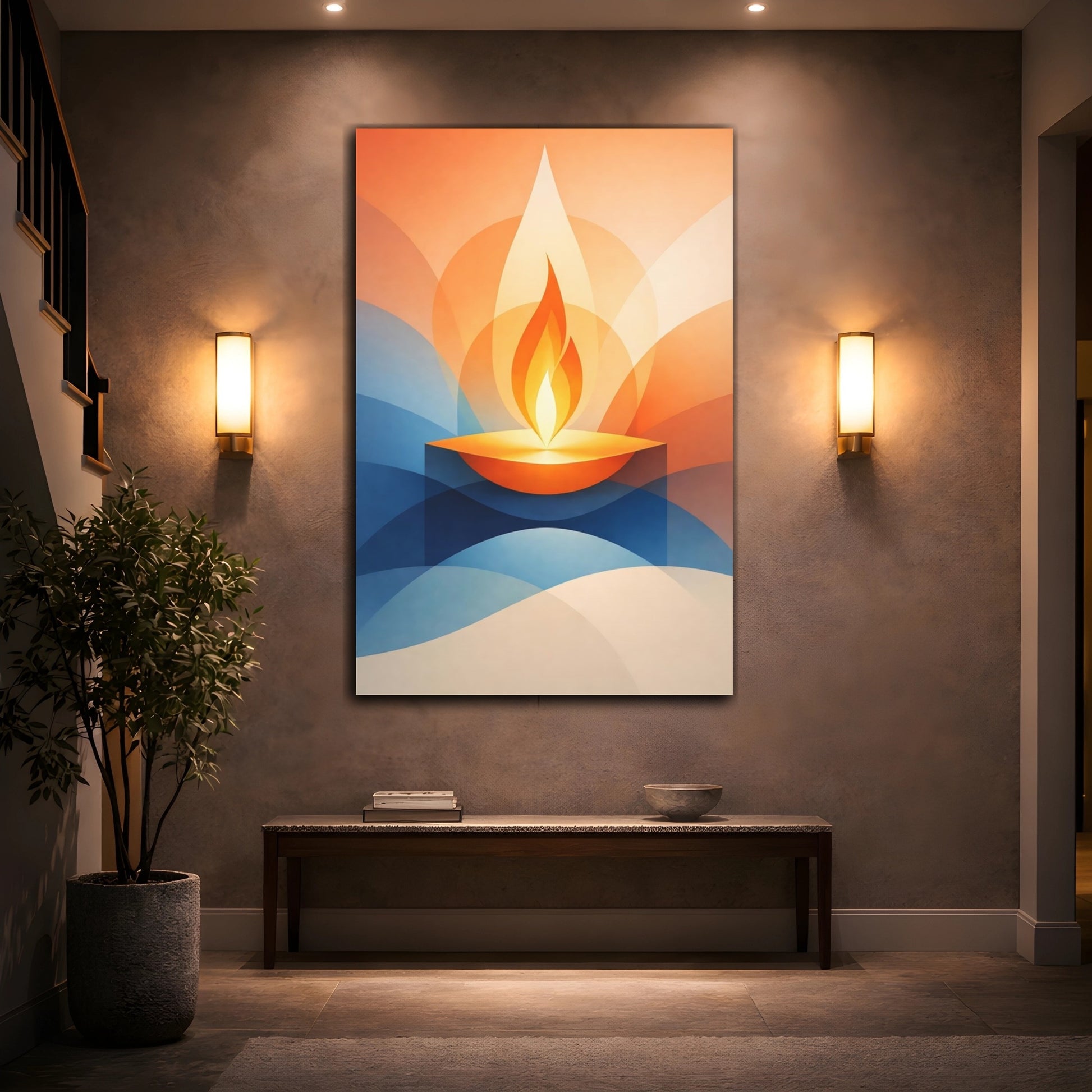 Mockup 3. Abstract Abstract Flame Orange Blue Abstract shown as stretched canvas wall art