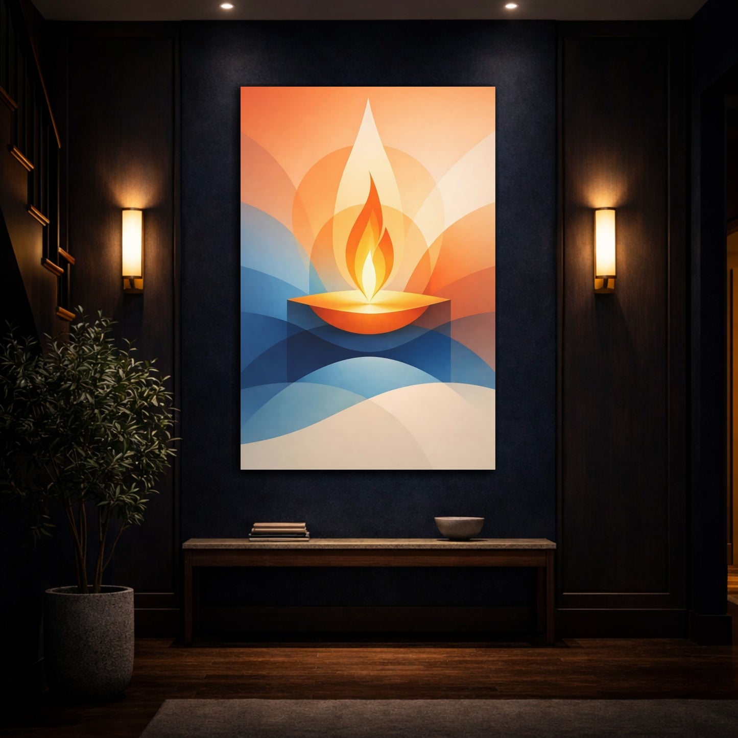 Mockup 4. Abstract Abstract Flame Orange Blue Abstract shown as stretched canvas wall art