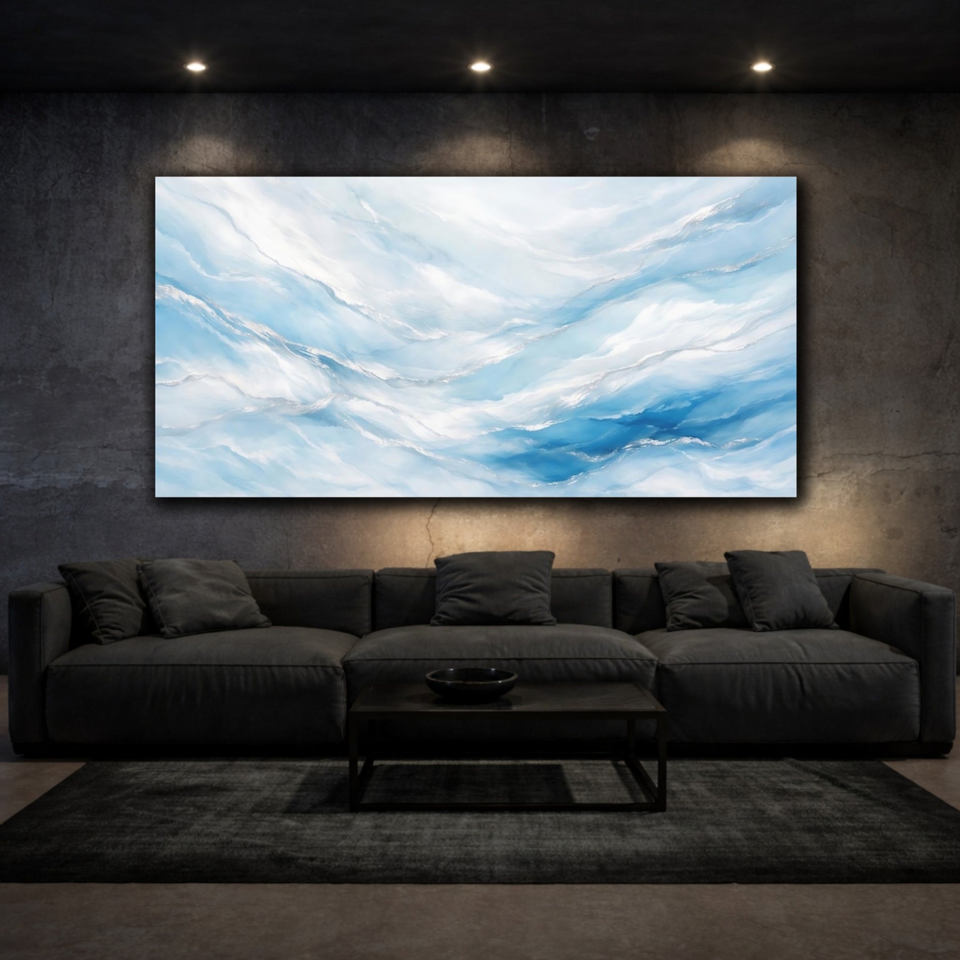Mockup 2. Abstract Abstract Flow Abstract Blue Silver shown as stretched canvas wall art