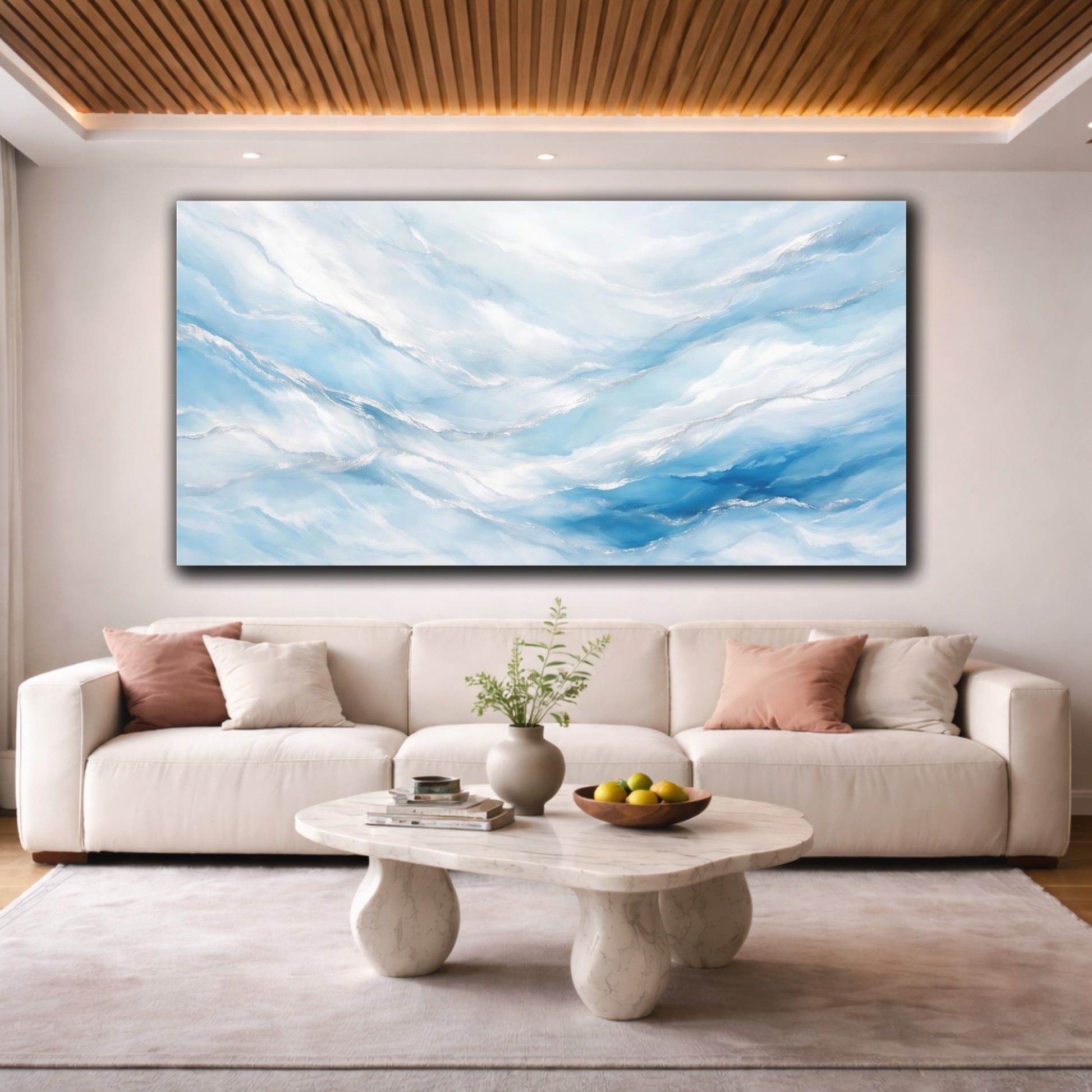 Mockup 3. Abstract Abstract Flow Abstract Blue Silver shown as stretched canvas wall art