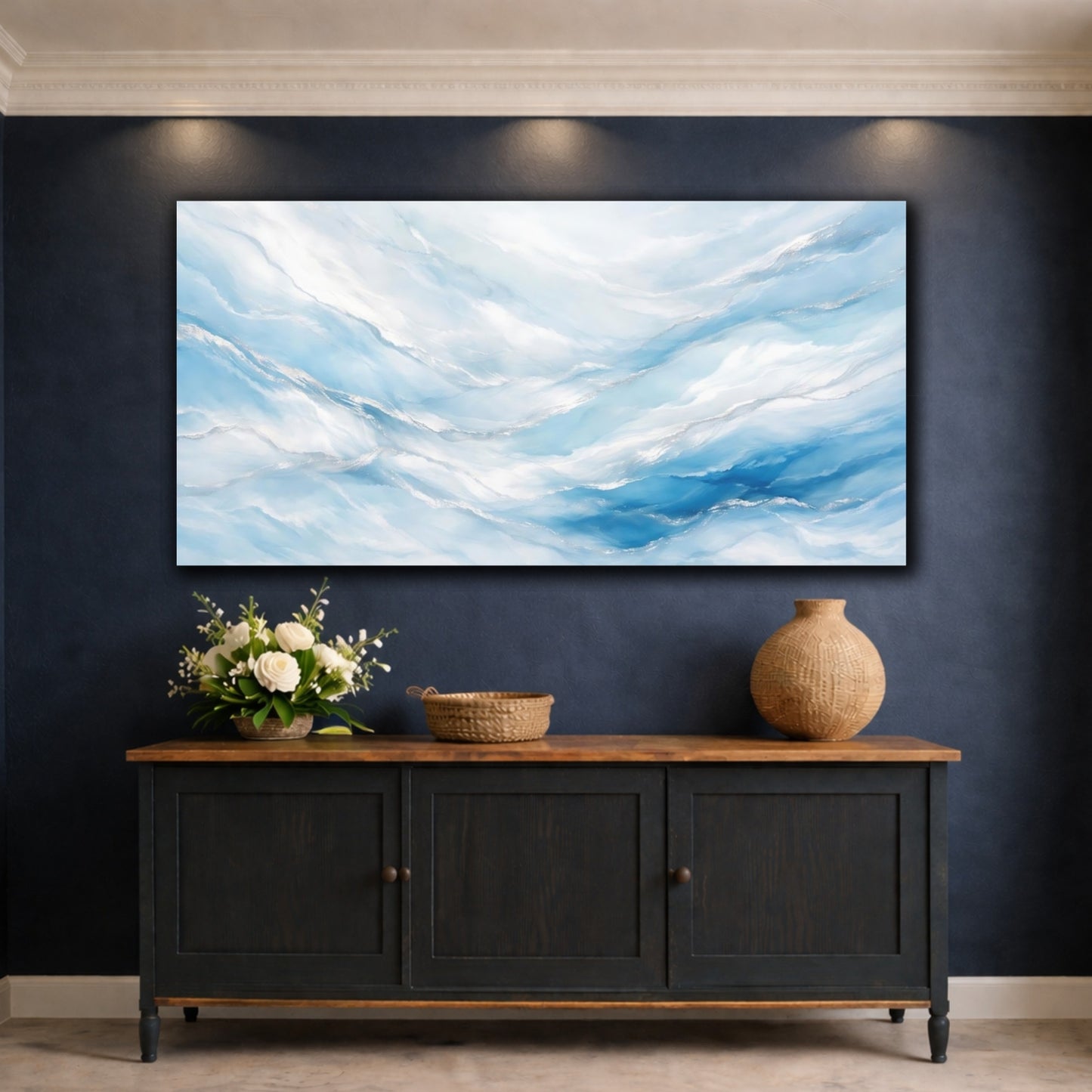 Mockup 4. Abstract Abstract Flow Abstract Blue Silver shown as stretched canvas wall art