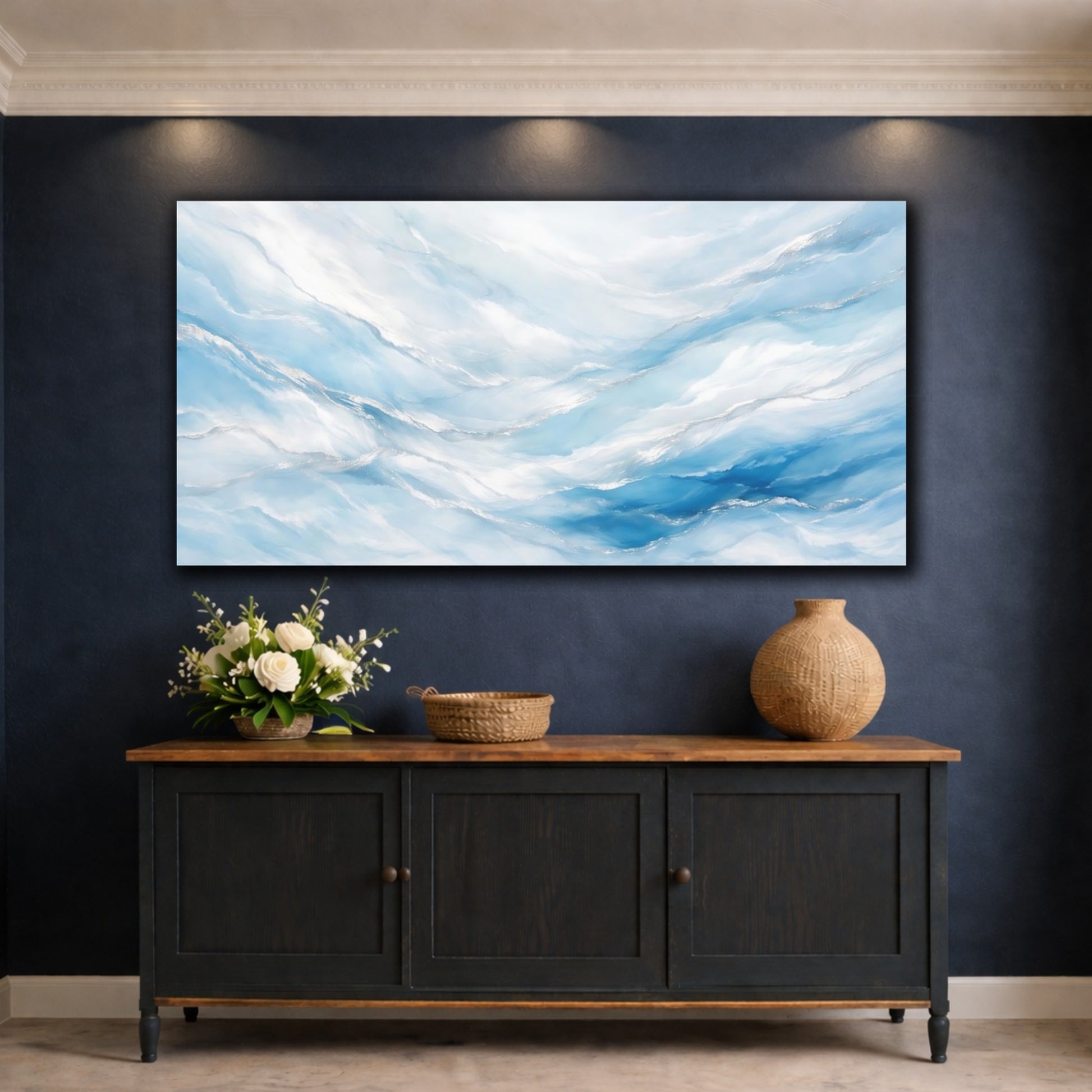 Mockup 4. Abstract Abstract Flow Abstract Blue Silver shown as stretched canvas wall art