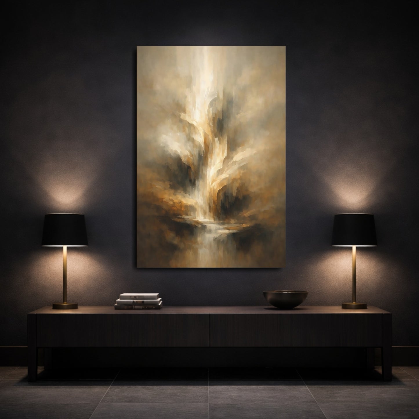 Mockup 2. Abstract Abstract Flow Abstract Golden Flow shown as stretched canvas wall art