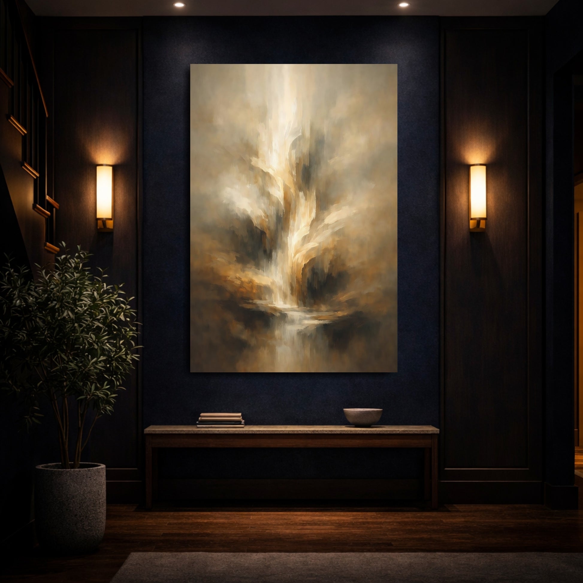 Mockup 3. Abstract Abstract Flow Abstract Golden Flow shown as stretched canvas wall art