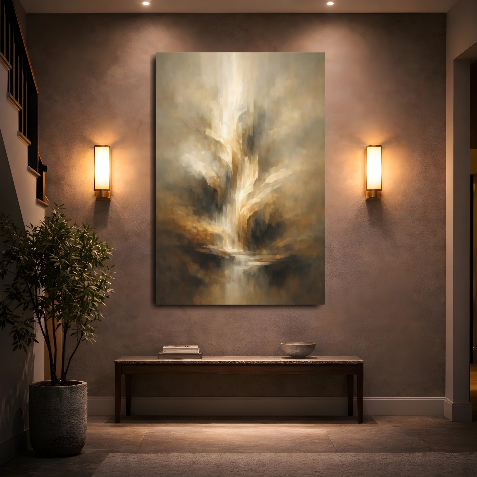 Mockup 4. Abstract Abstract Flow Abstract Golden Flow shown as stretched canvas wall art