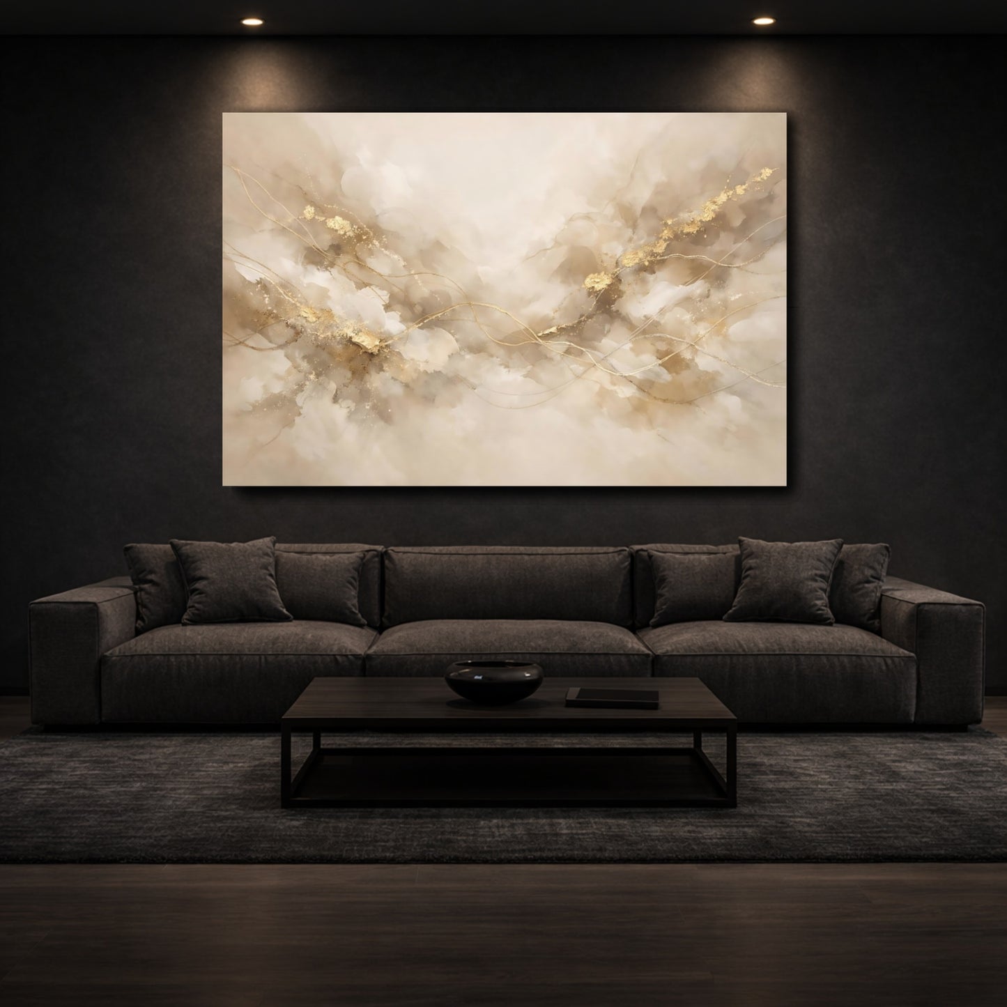 Mockup 2. Abstract Abstract Flow Beige Gold Abstract shown as stretched canvas wall art
