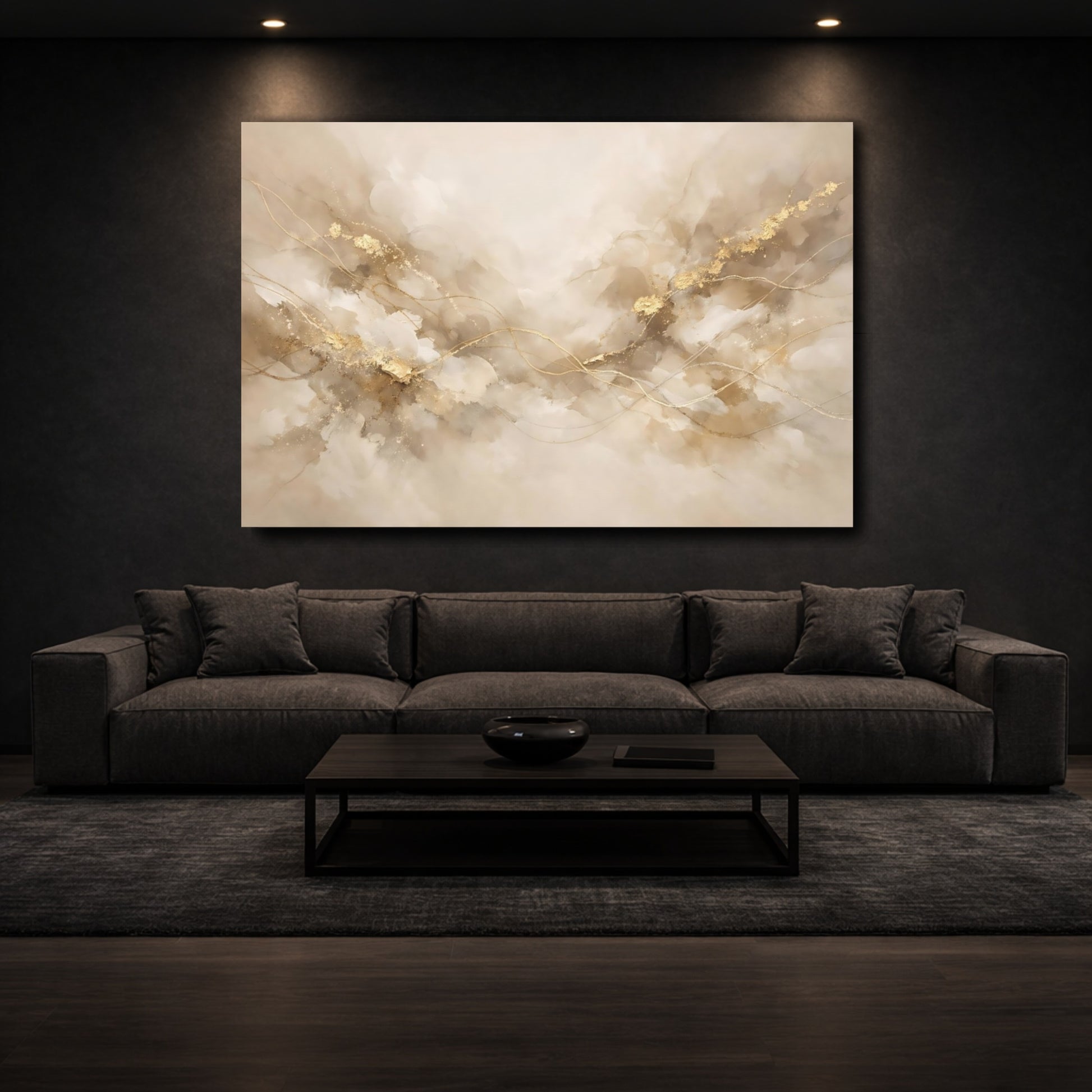 Mockup 2. Abstract Abstract Flow Beige Gold Abstract shown as stretched canvas wall art