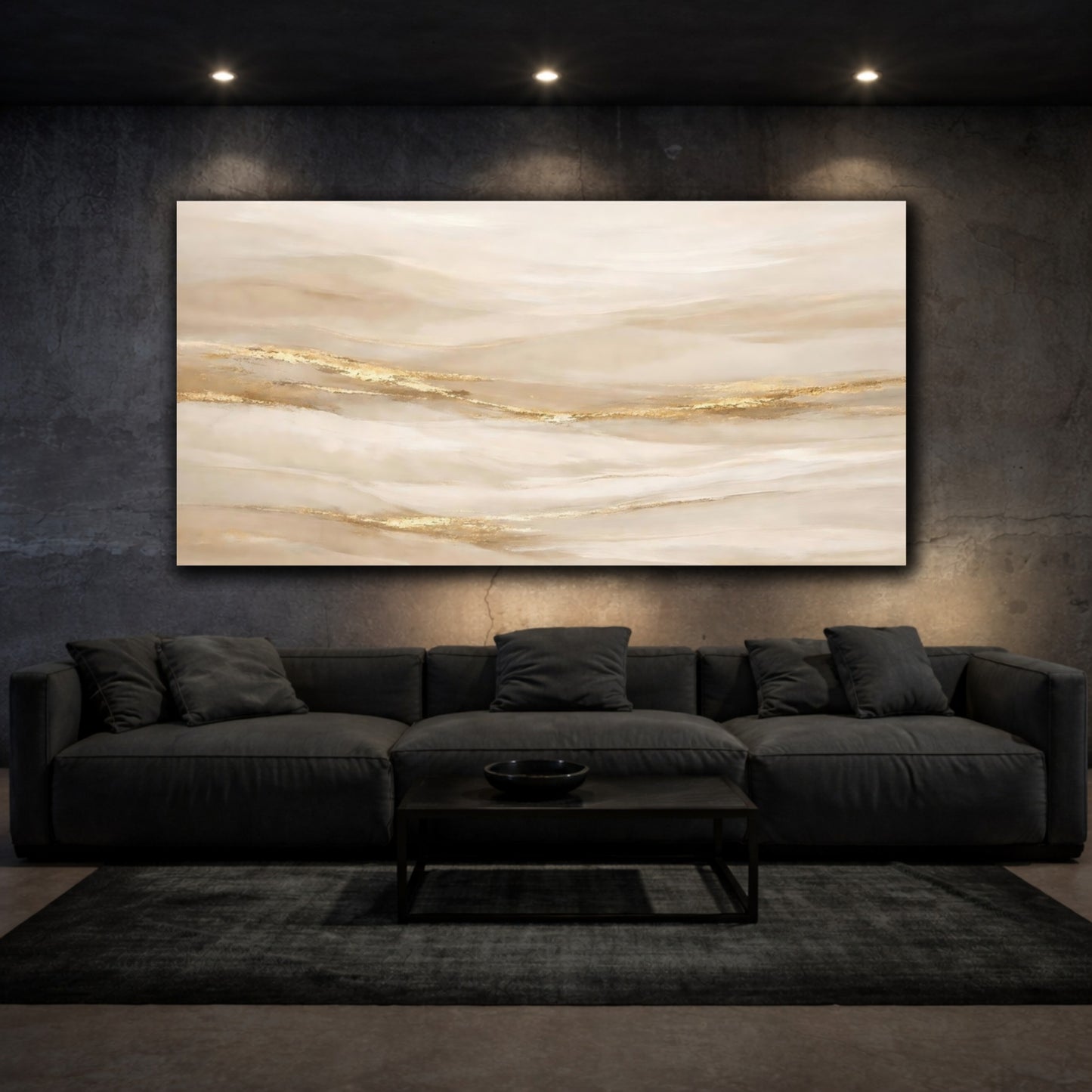 Mockup 2. Abstract Abstract Flow Beige Gold Abstract shown as stretched canvas wall art