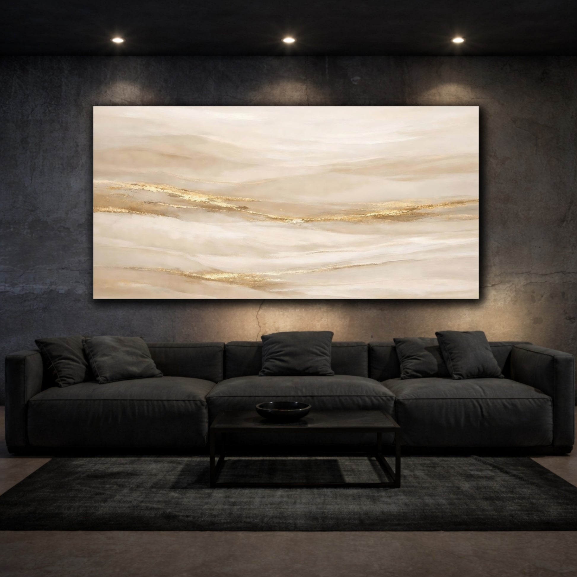 Mockup 2. Abstract Abstract Flow Beige Gold Abstract shown as stretched canvas wall art