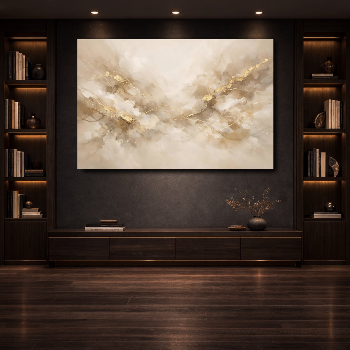 Mockup 3. Abstract Abstract Flow Beige Gold Abstract shown as stretched canvas wall art