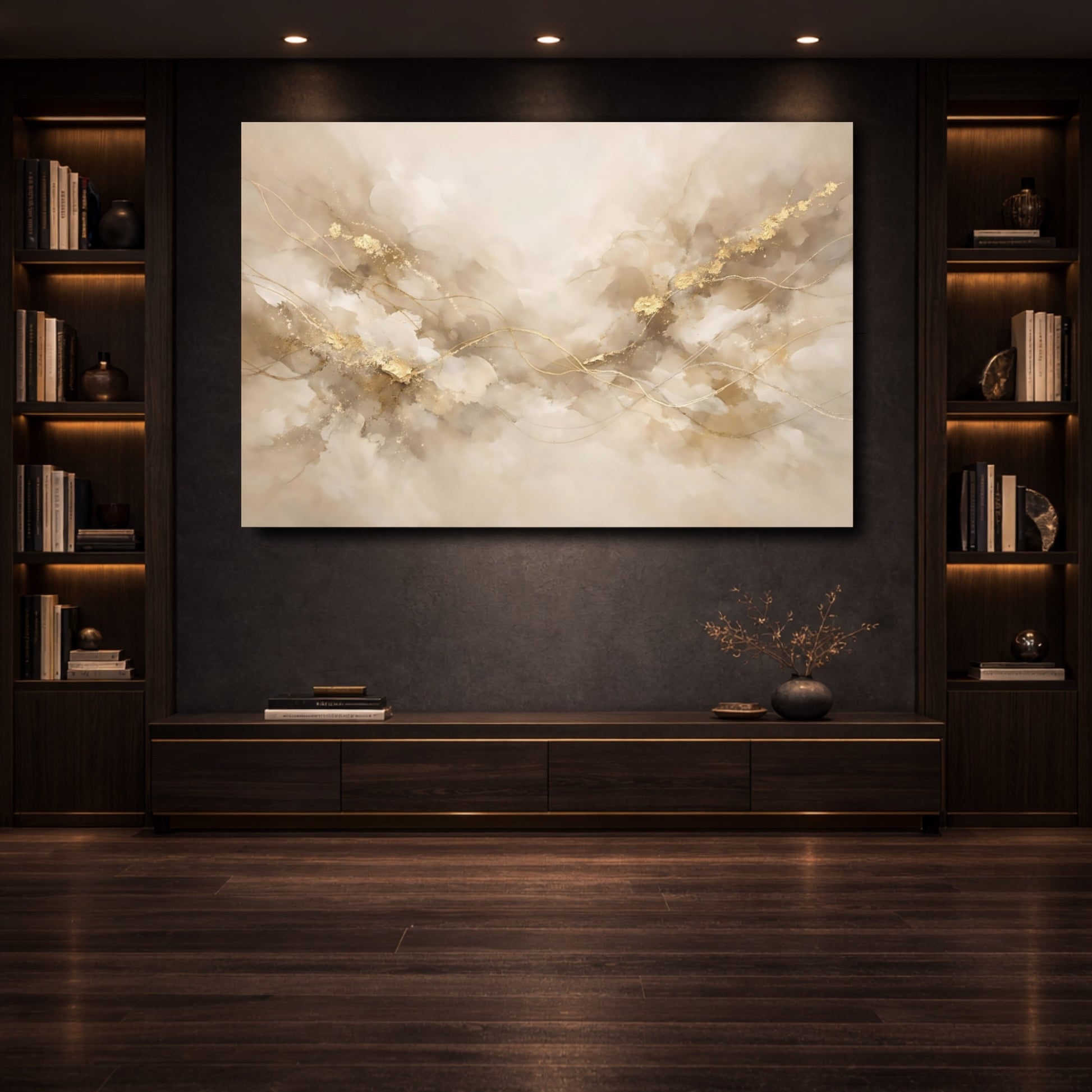 Mockup 3. Abstract Abstract Flow Beige Gold Abstract shown as stretched canvas wall art