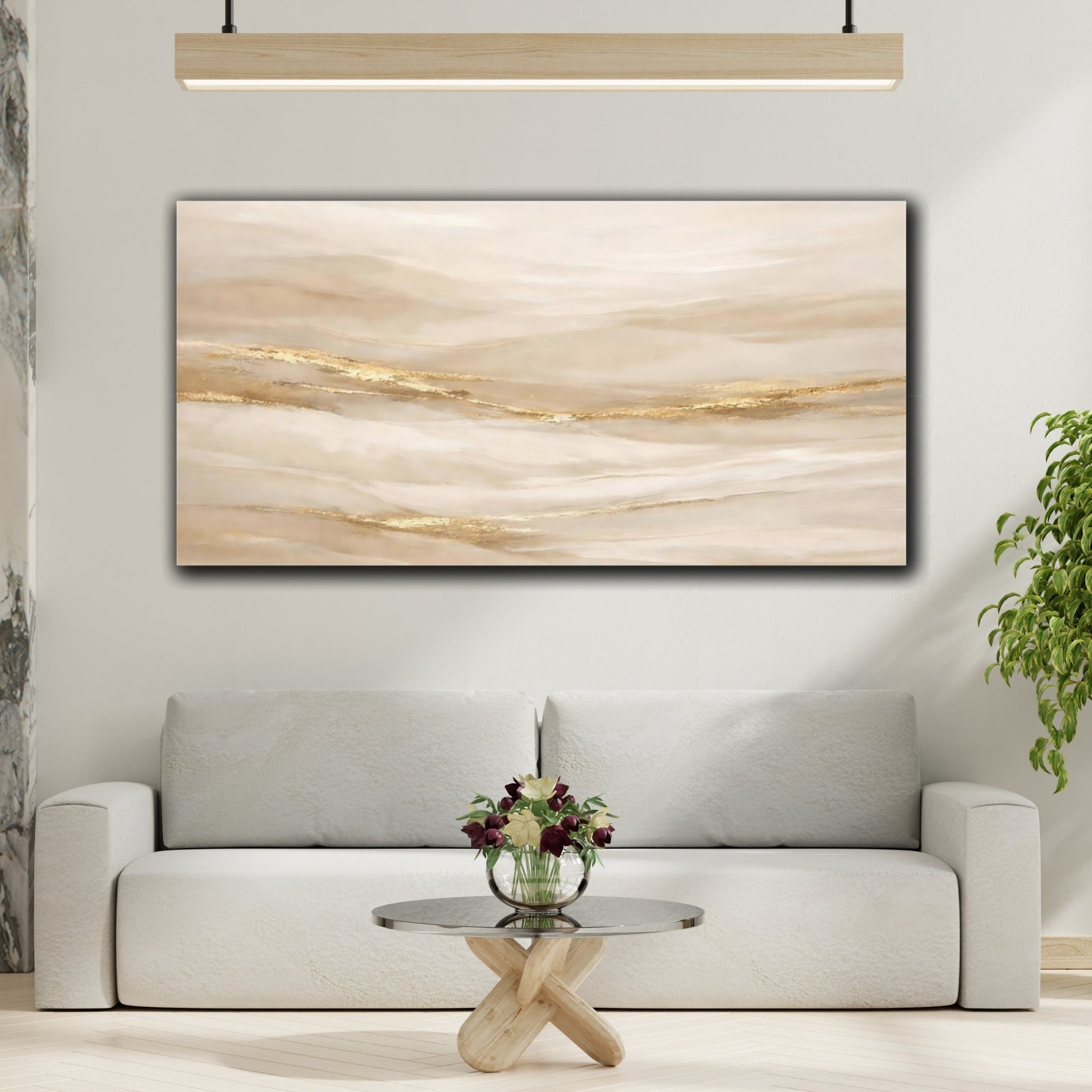 Mockup 3. Abstract Abstract Flow Beige Gold Abstract shown as stretched canvas wall art