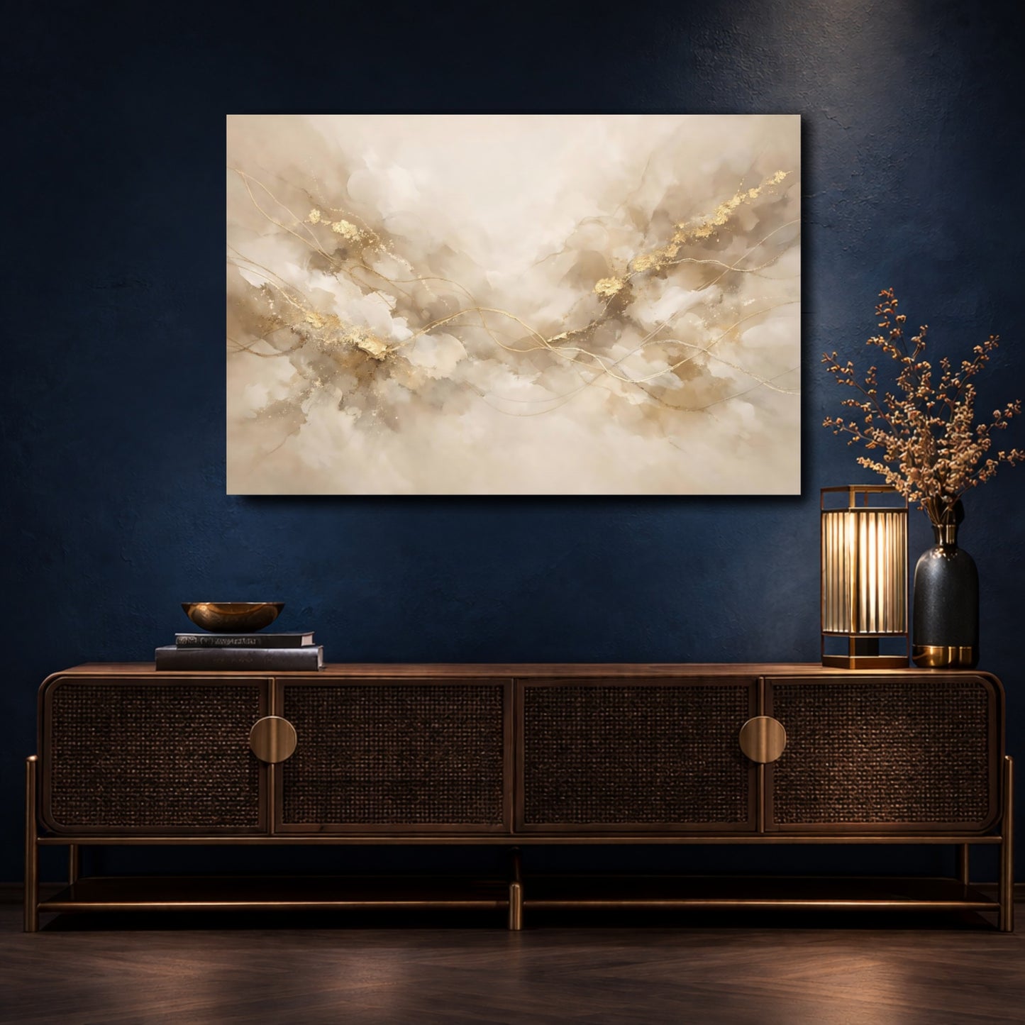 Mockup 4. Abstract Abstract Flow Beige Gold Abstract shown as stretched canvas wall art