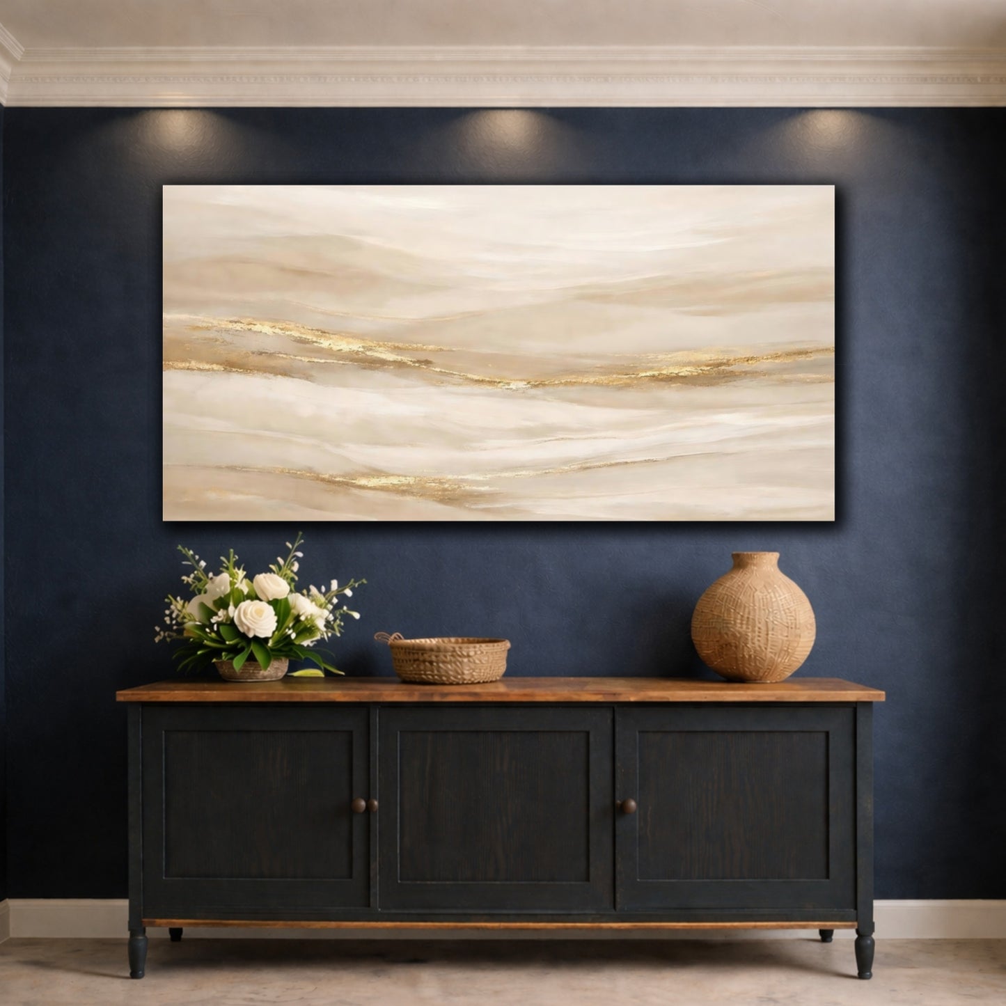 Mockup 4. Abstract Abstract Flow Beige Gold Abstract shown as stretched canvas wall art