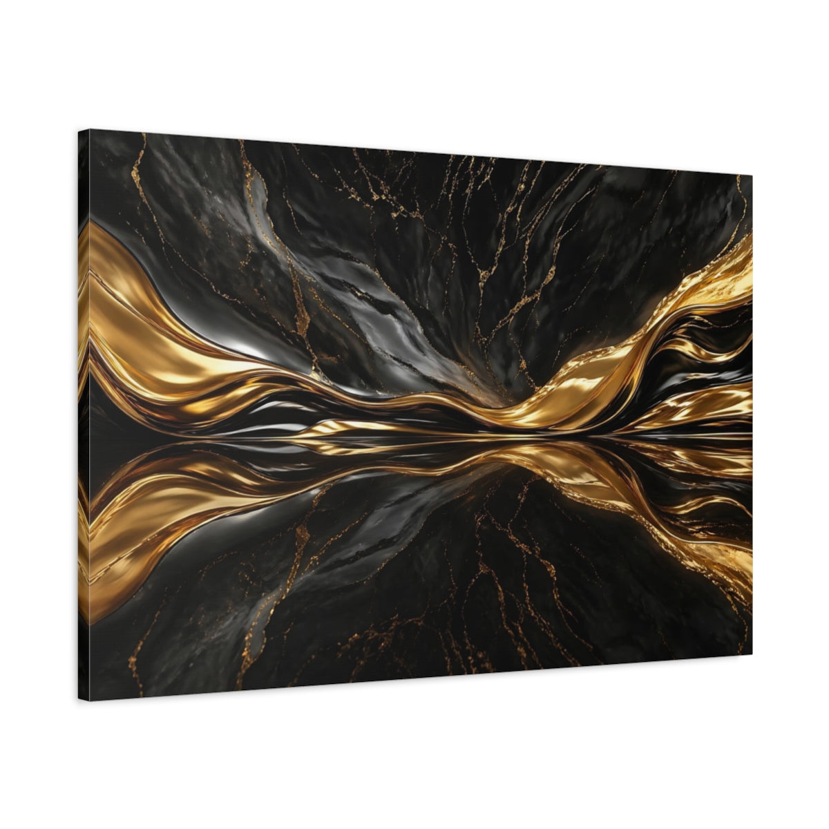 Main Mockup. Abstract Abstract Flow Black And Gold Abstract shown as stretched canvas wall art