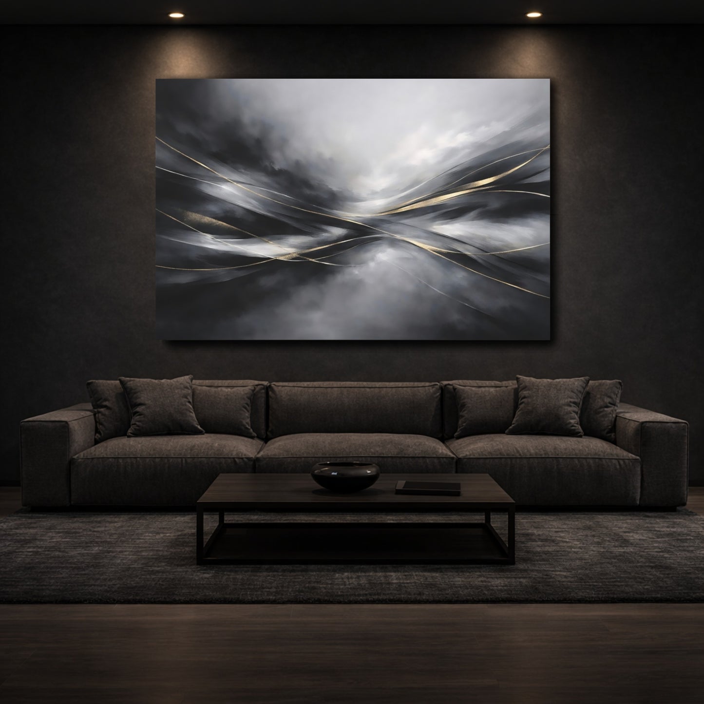 Mockup 2. Abstract Abstract Flow Black And Gold Abstract shown as stretched canvas wall art