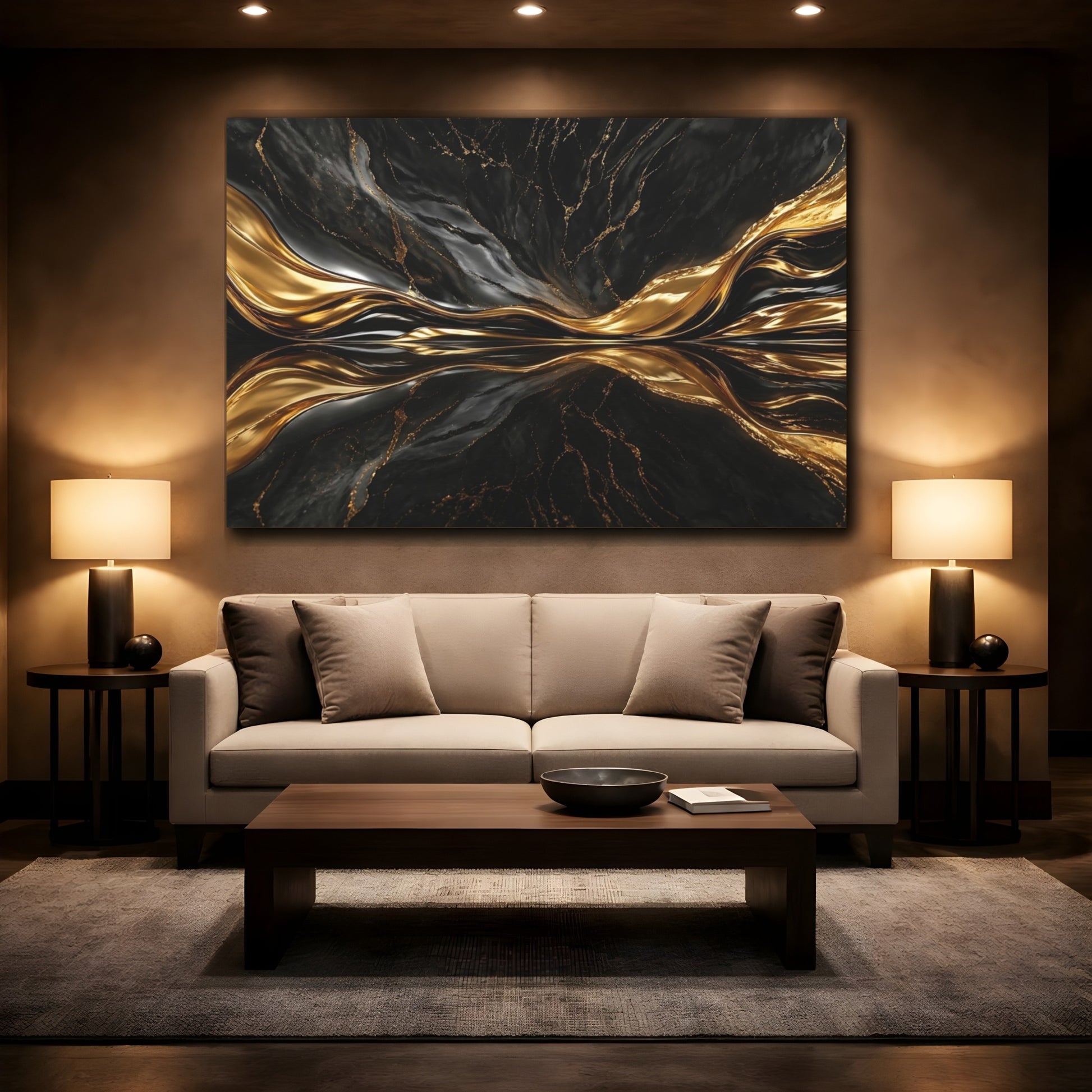 Mockup 2. Abstract Abstract Flow Black And Gold Abstract shown as stretched canvas wall art