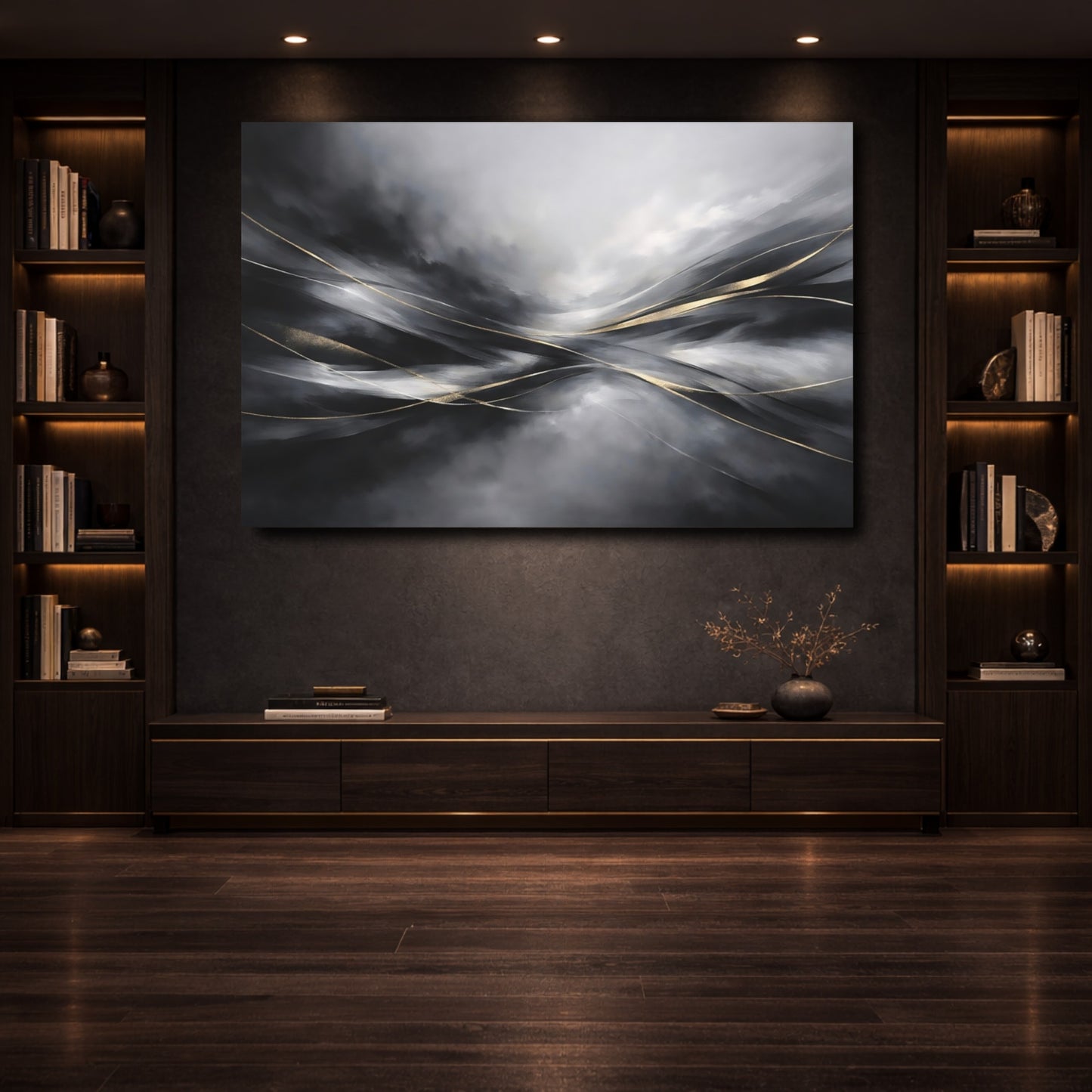 Mockup 3. Abstract Abstract Flow Black And Gold Abstract shown as stretched canvas wall art