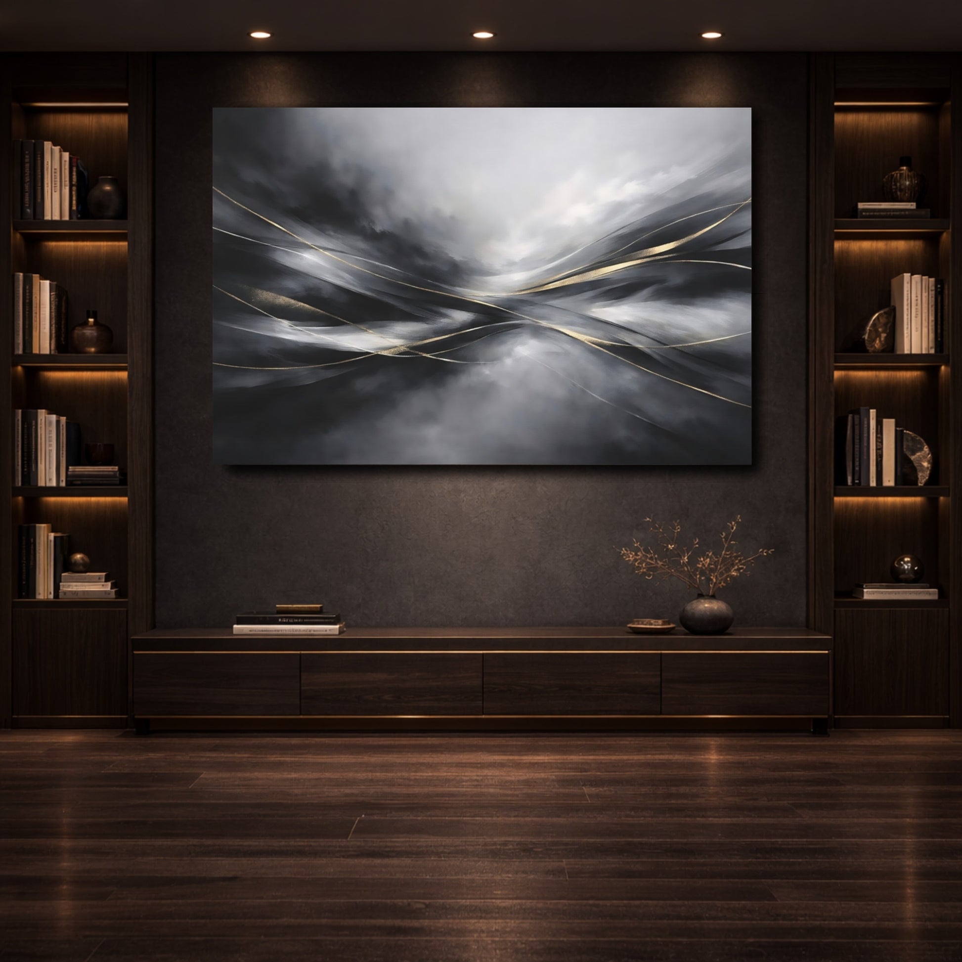Mockup 3. Abstract Abstract Flow Black And Gold Abstract shown as stretched canvas wall art