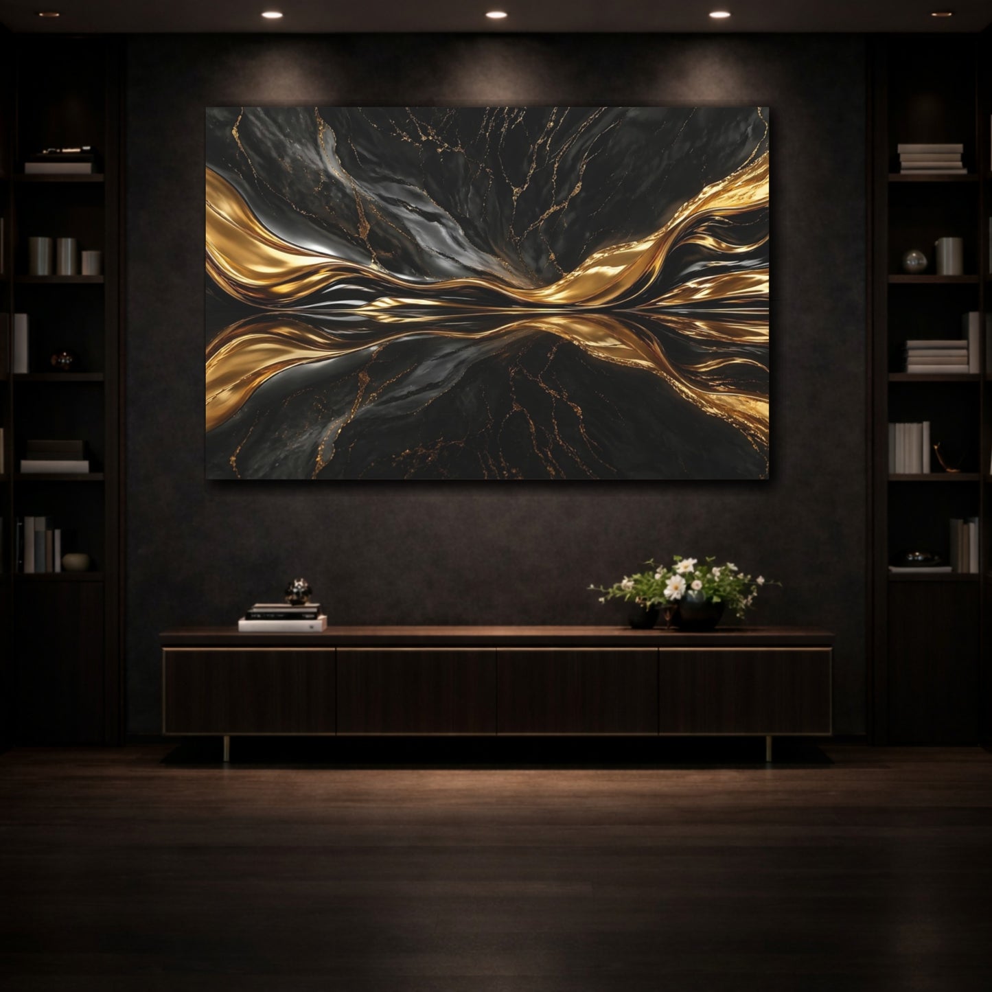 Mockup 3. Abstract Abstract Flow Black And Gold Abstract shown as stretched canvas wall art