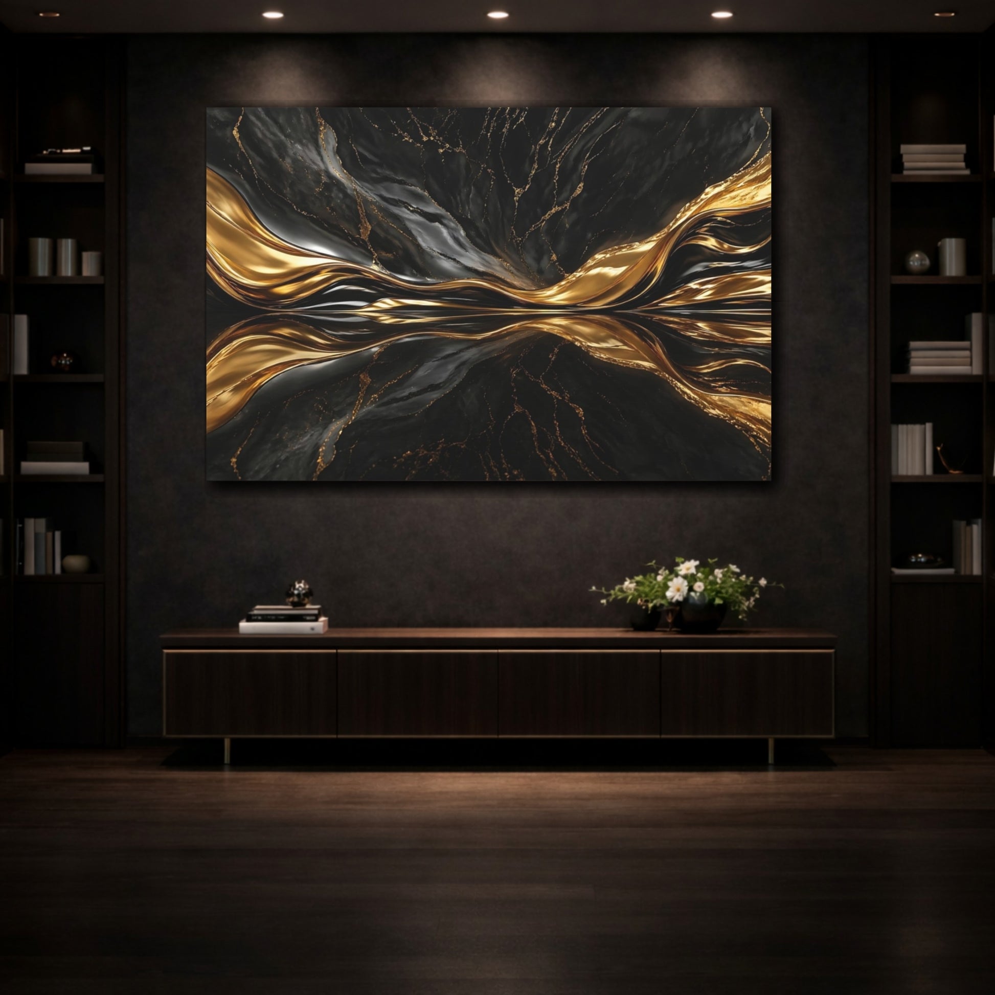 Mockup 3. Abstract Abstract Flow Black And Gold Abstract shown as stretched canvas wall art