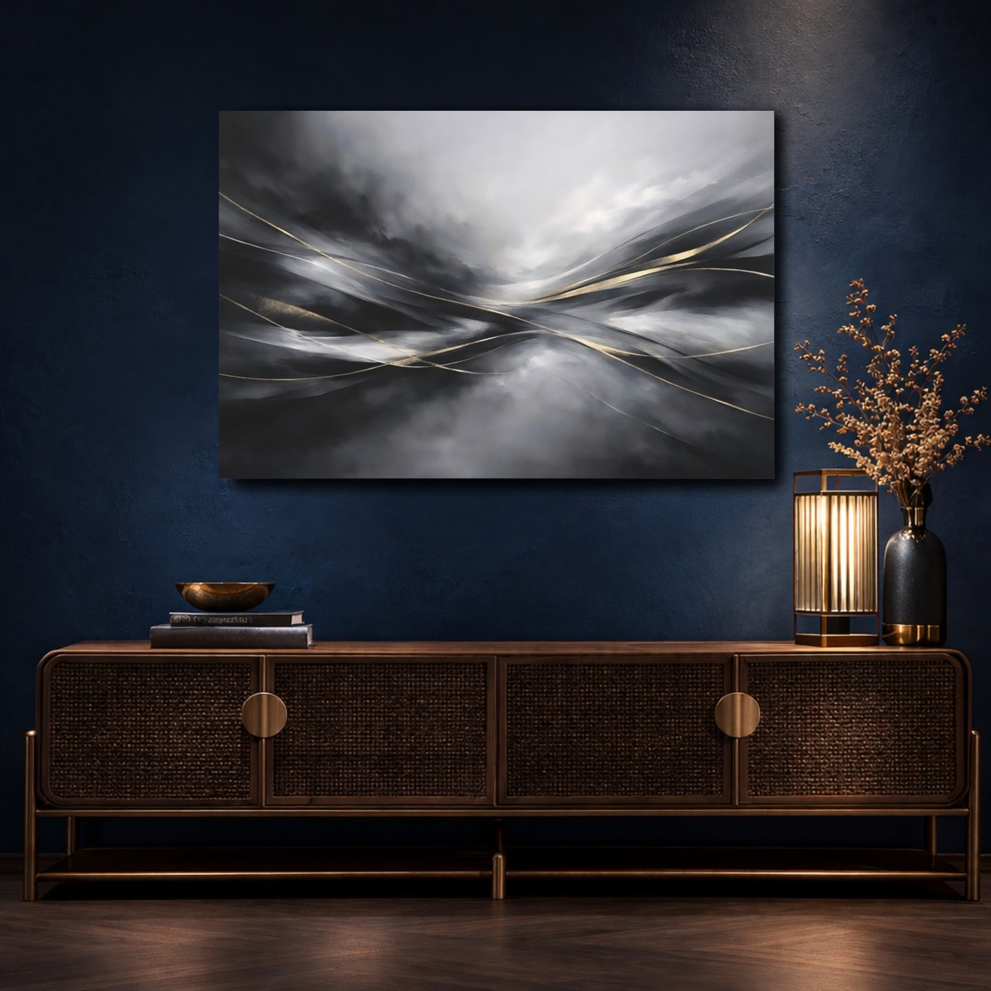 Mockup 4. Abstract Abstract Flow Black And Gold Abstract shown as stretched canvas wall art