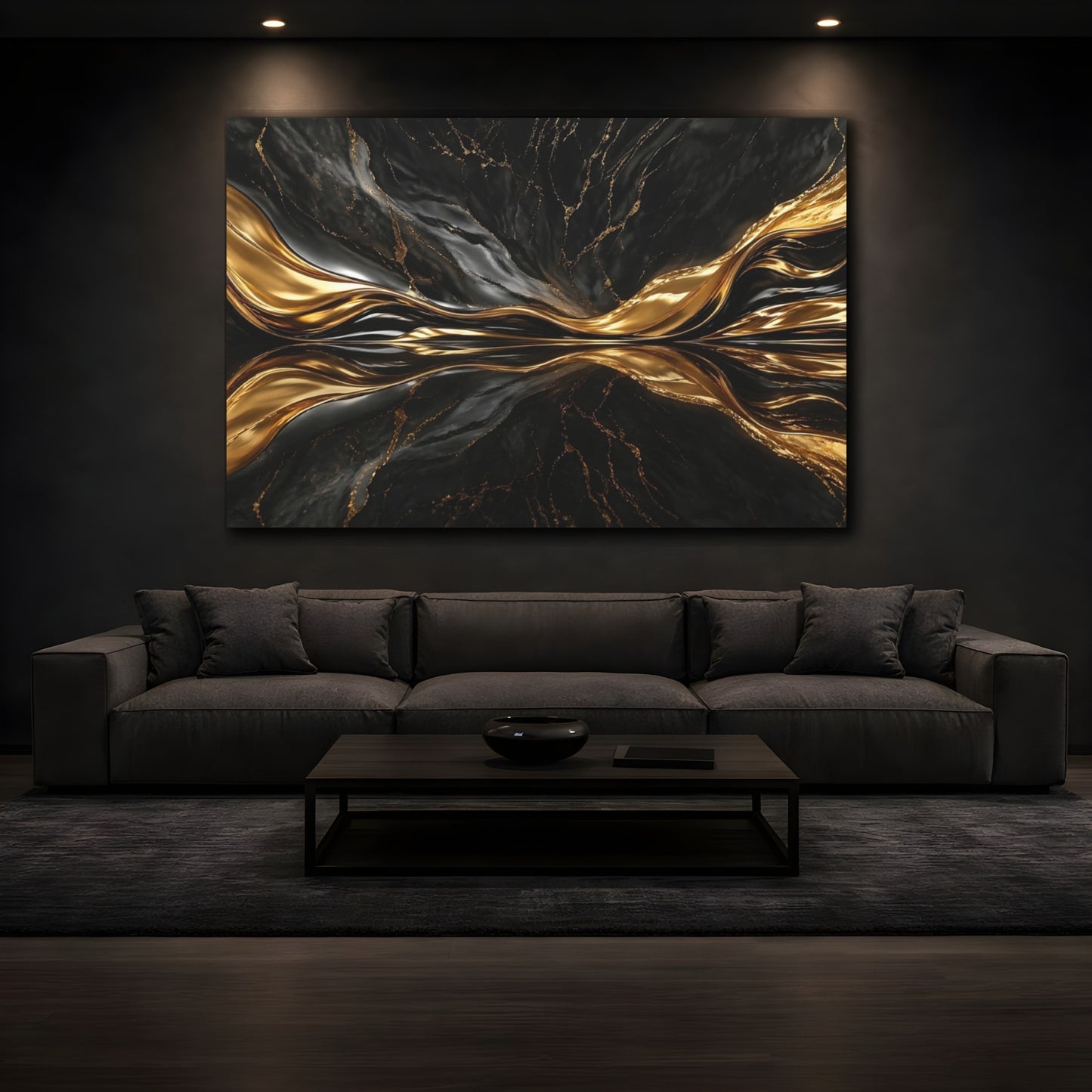 Mockup 4. Abstract Abstract Flow Black And Gold Abstract shown as stretched canvas wall art