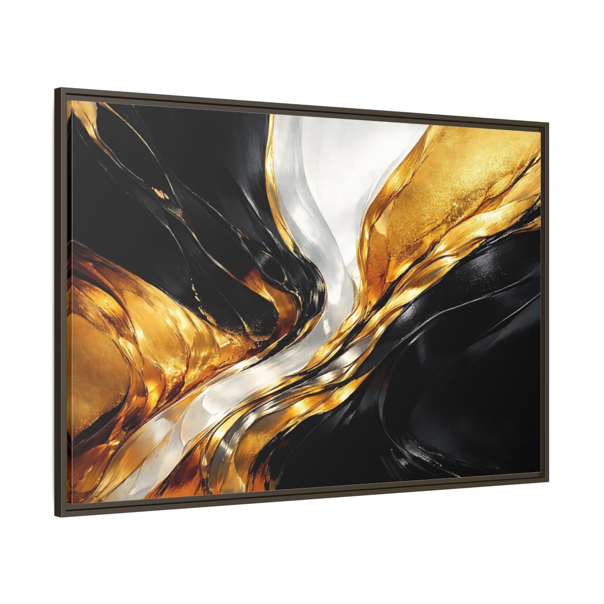 Main Mockup. Abstract Abstract Flow Black Gold Abstract shown as stretched canvas wall art