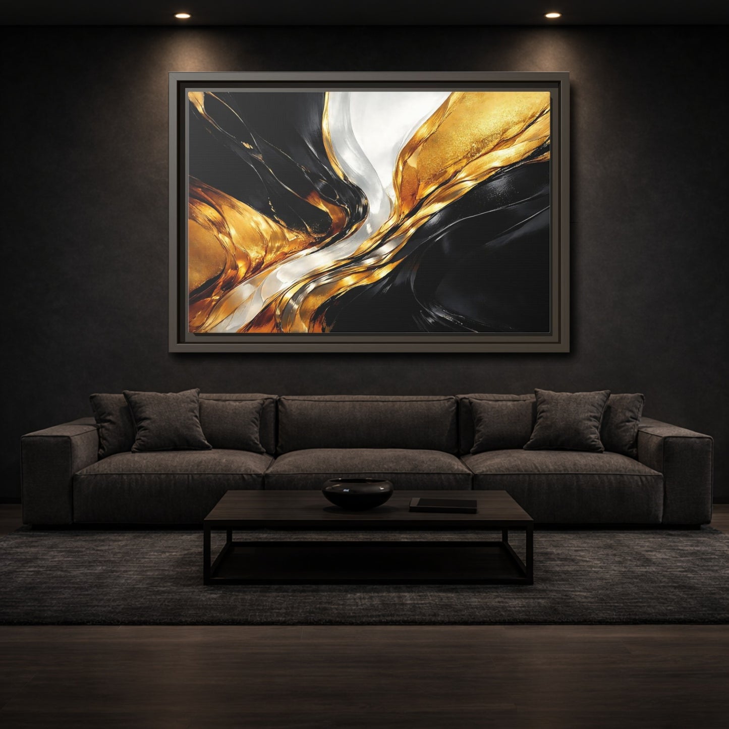 Mockup 2. Abstract Abstract Flow Black Gold Abstract shown as stretched canvas wall art