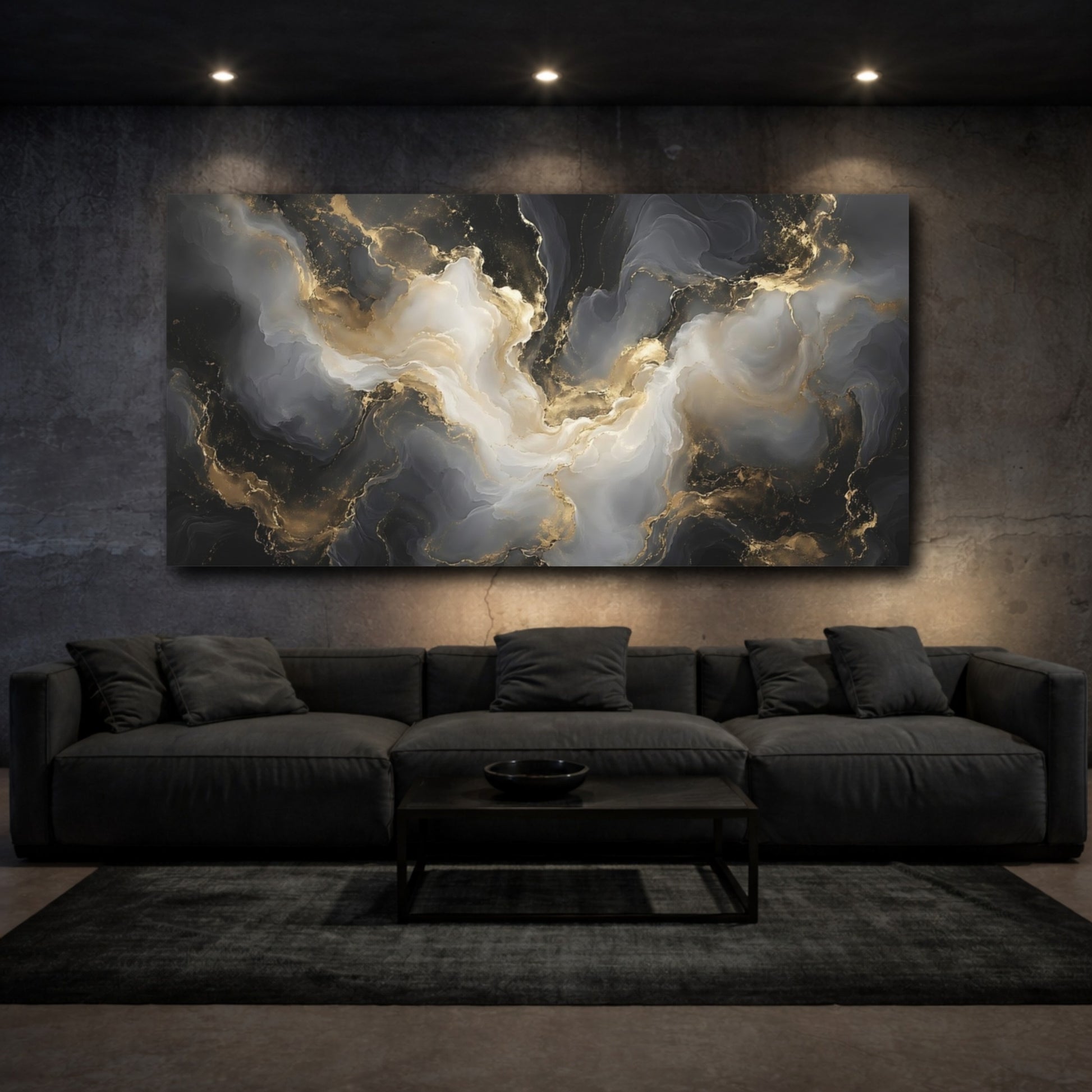 Mockup 2. Abstract Abstract Flow Black Gold Abstract shown as stretched canvas wall art