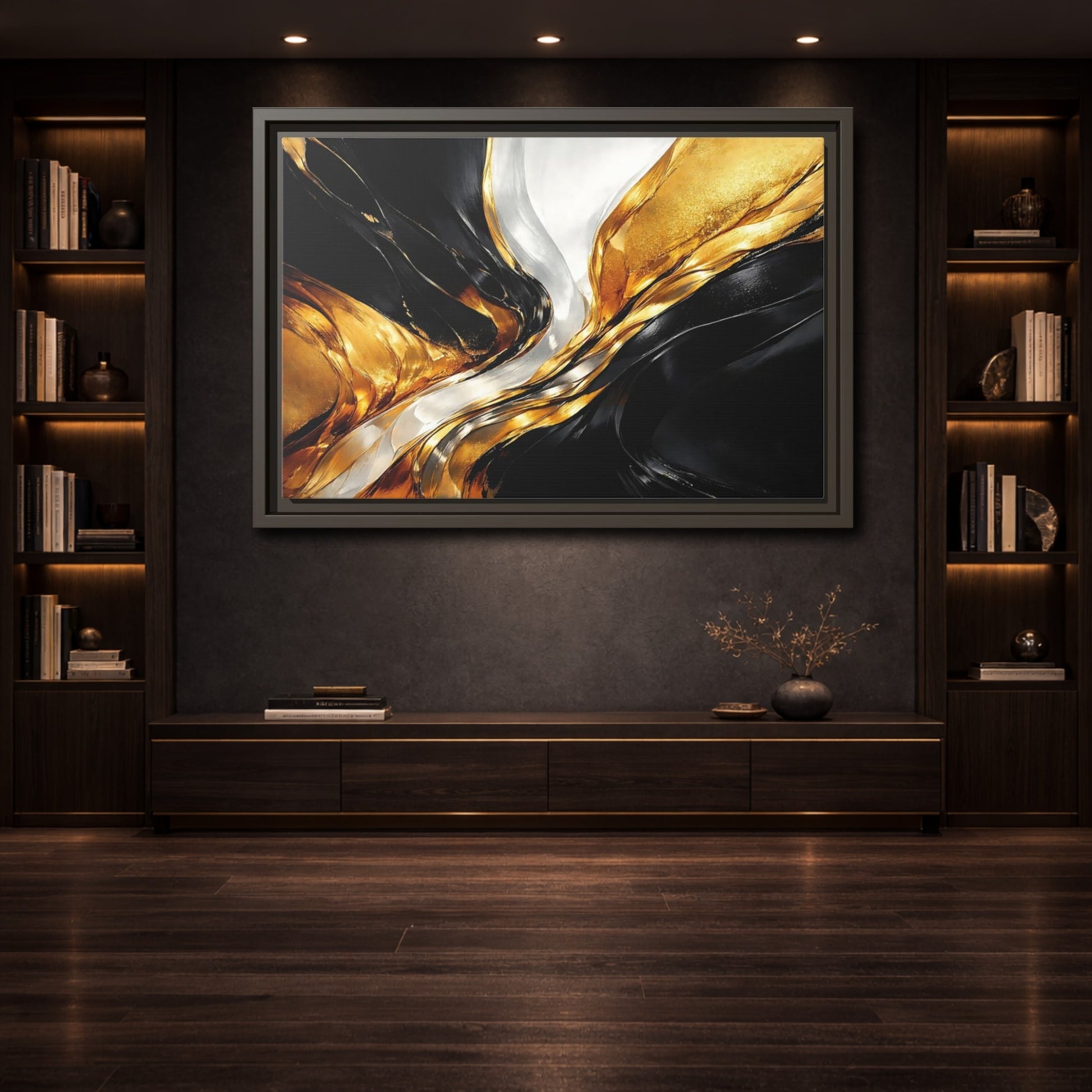 Mockup 3. Abstract Abstract Flow Black Gold Abstract shown as stretched canvas wall art