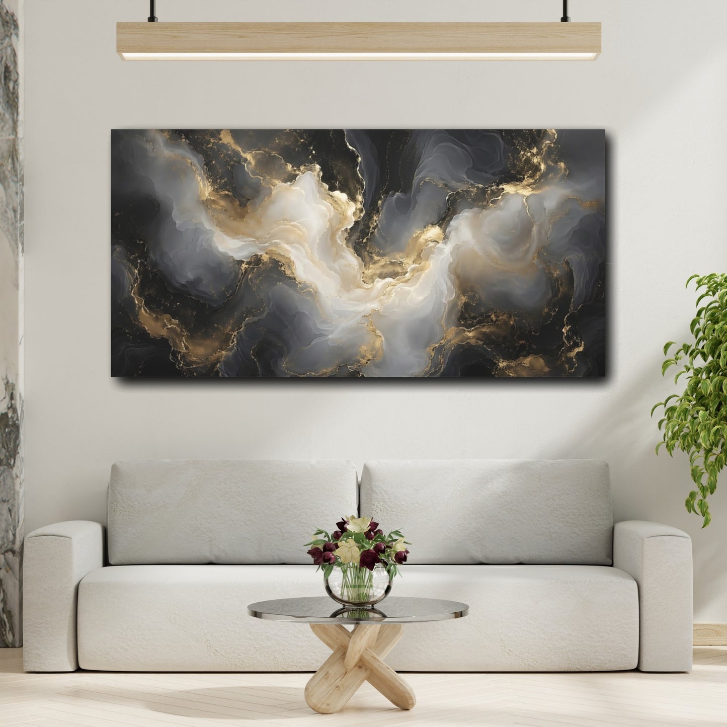 Mockup 3. Abstract Abstract Flow Black Gold Abstract shown as stretched canvas wall art