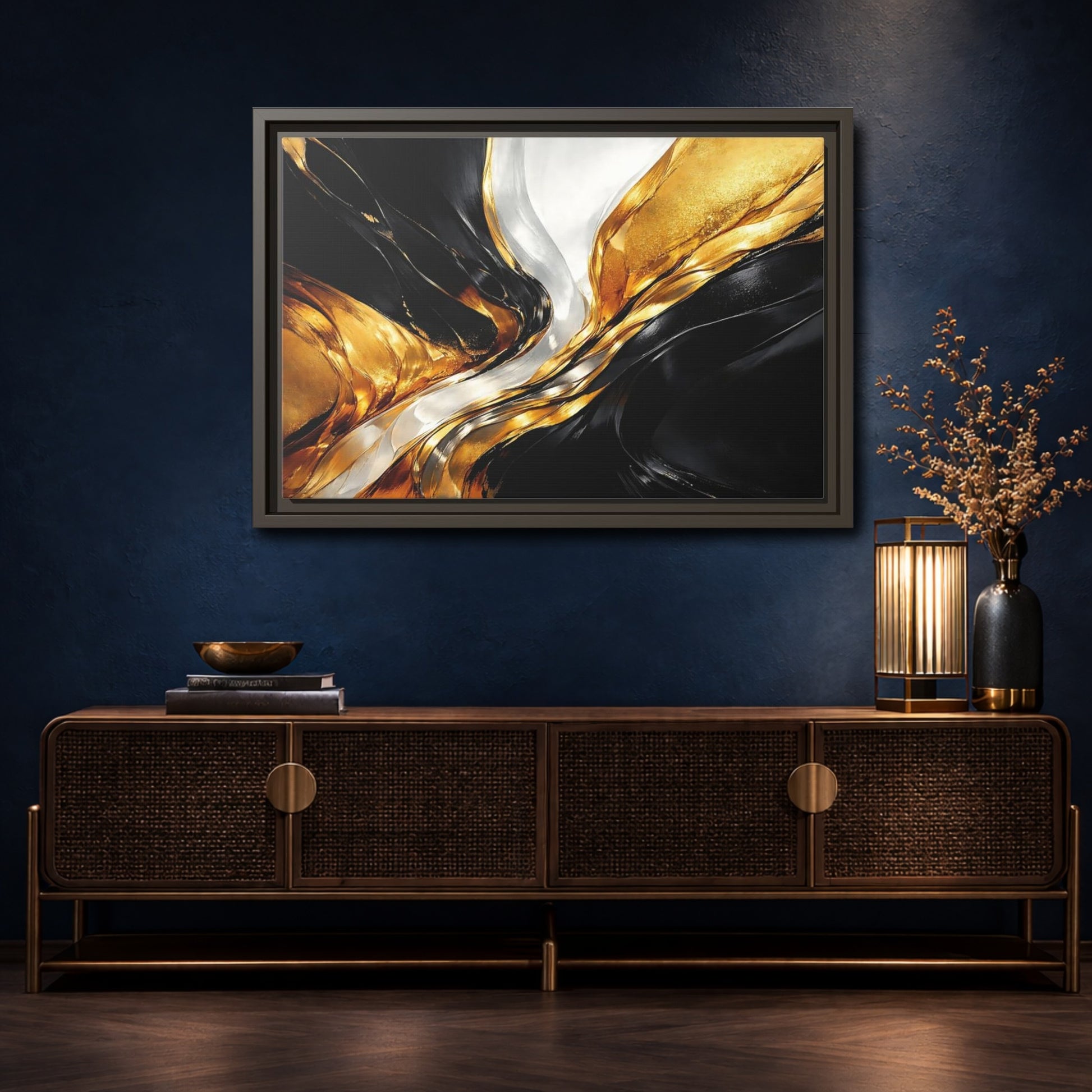 Mockup 4. Abstract Abstract Flow Black Gold Abstract shown as stretched canvas wall art