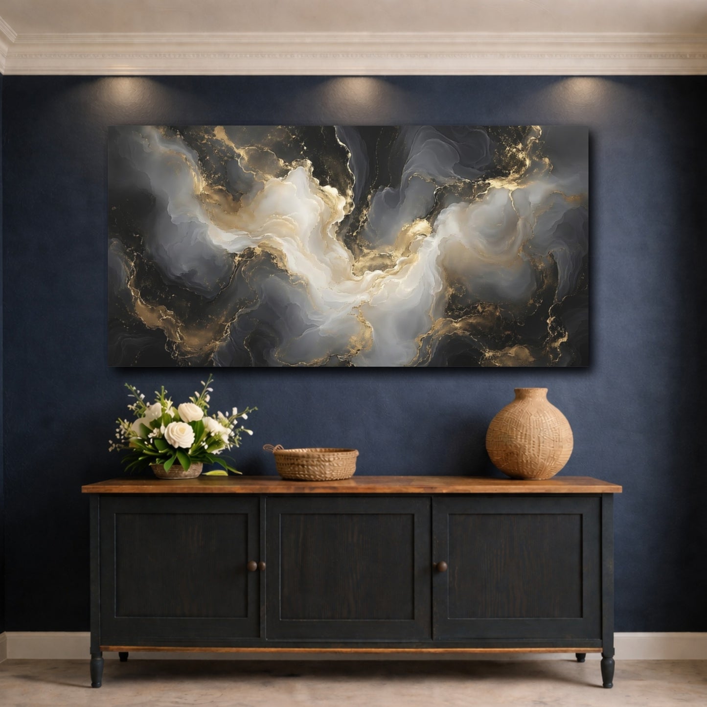 Mockup 4. Abstract Abstract Flow Black Gold Abstract shown as stretched canvas wall art