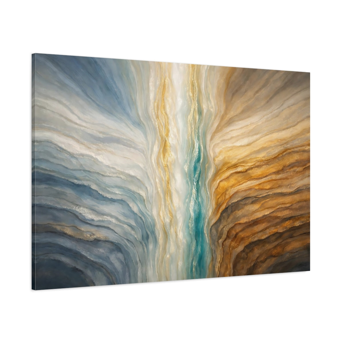 Main Mockup. Abstract Abstract Flow Blue And Gold Abstract shown as stretched canvas wall art
