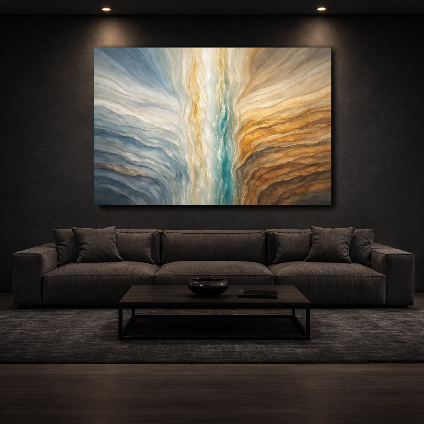 Mockup 2. Abstract Abstract Flow Blue And Gold Abstract shown as stretched canvas wall art