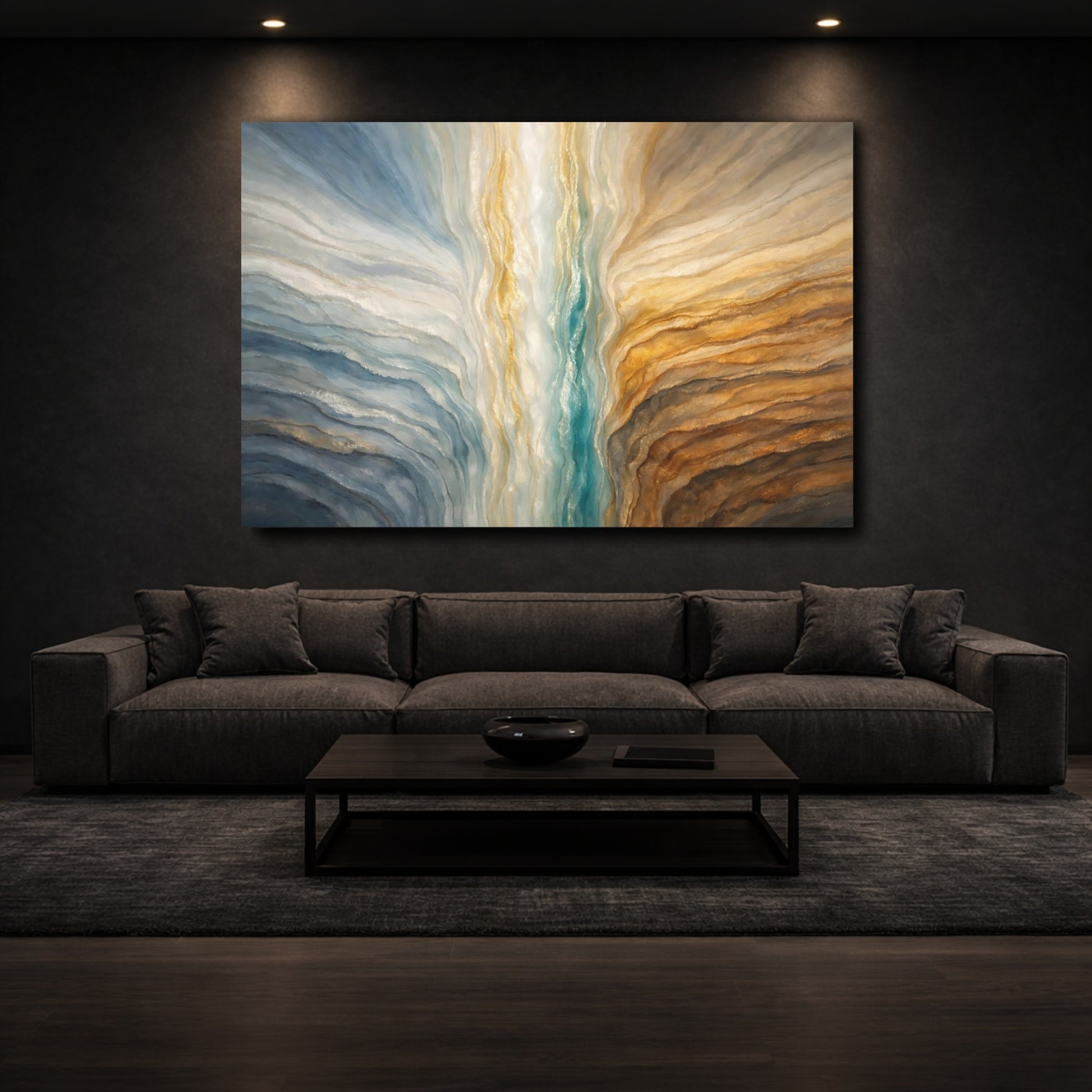Mockup 2. Abstract Abstract Flow Blue And Gold Abstract shown as stretched canvas wall art