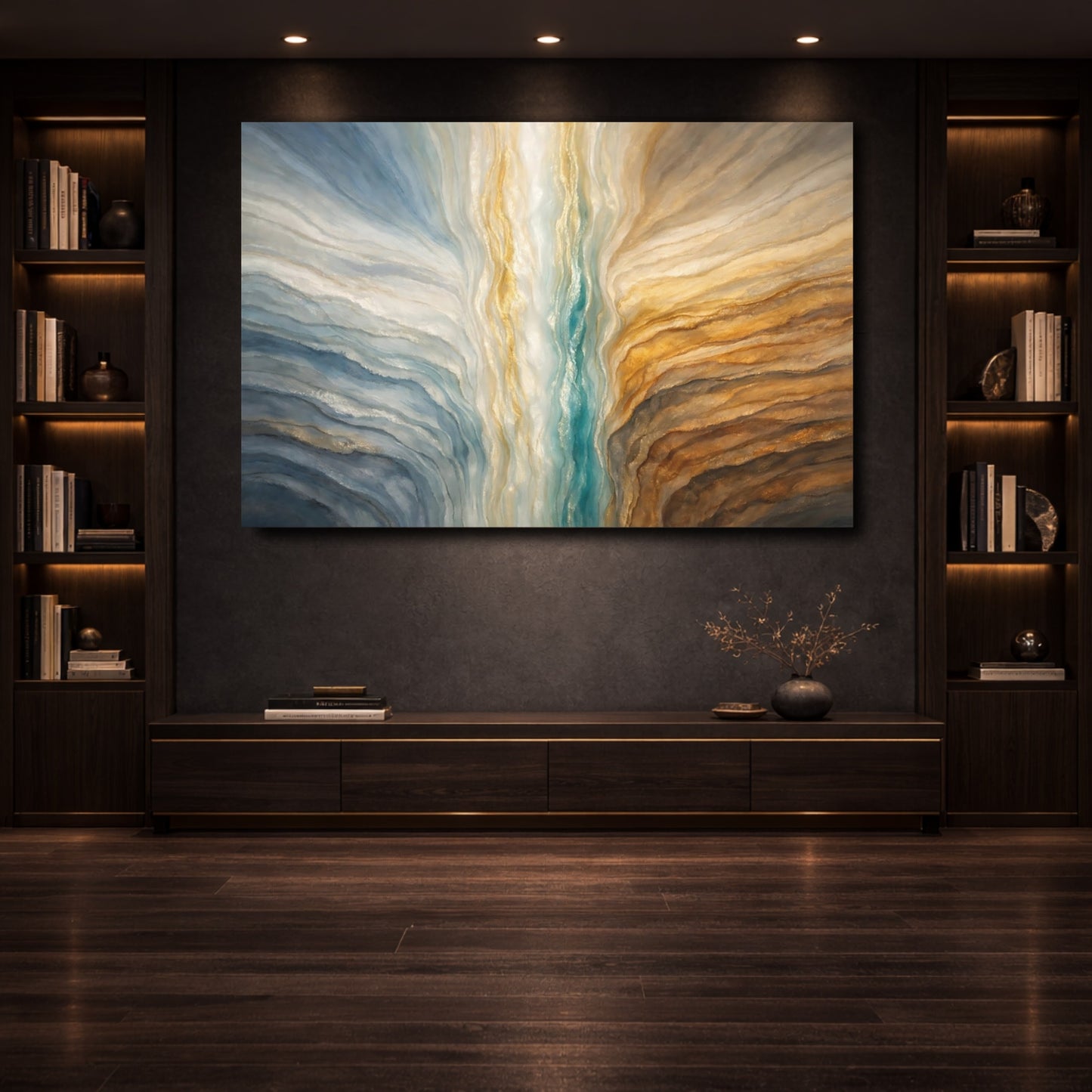 Mockup 3. Abstract Abstract Flow Blue And Gold Abstract shown as stretched canvas wall art