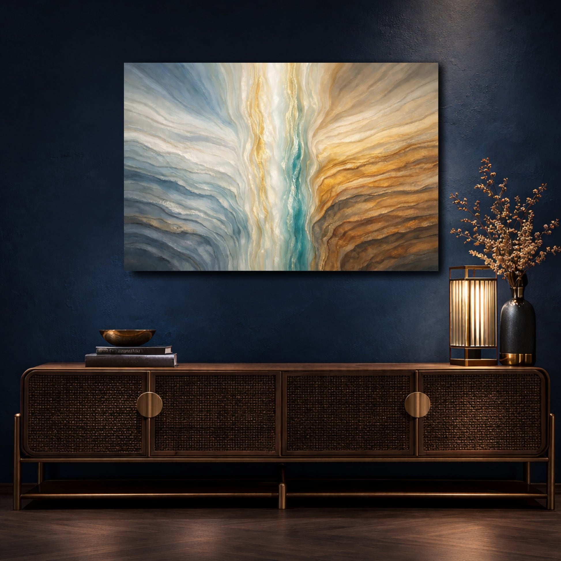 Mockup 4. Abstract Abstract Flow Blue And Gold Abstract shown as stretched canvas wall art