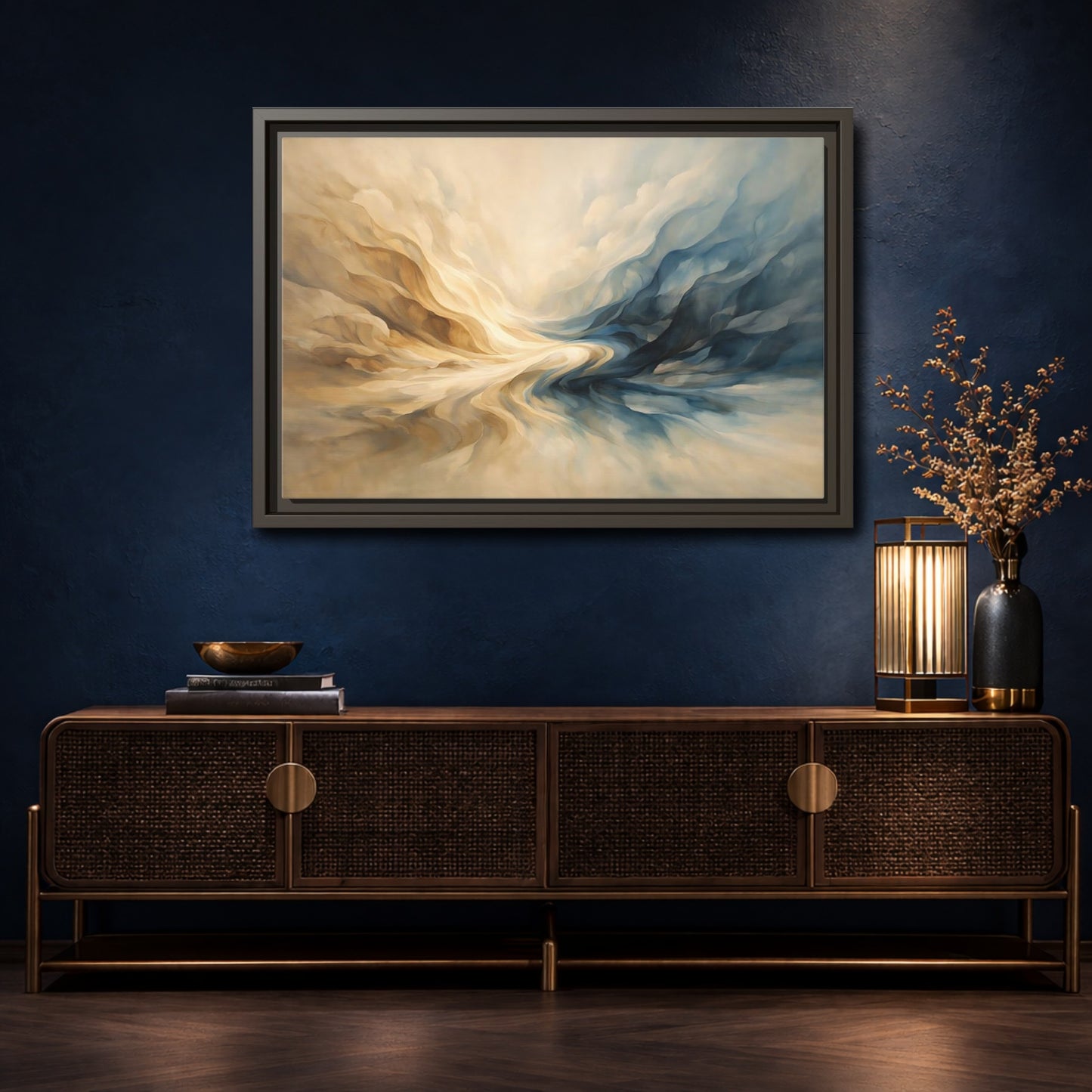 Mockup 4. Abstract Abstract Flow Blue And Gold Abstract shown as stretched canvas wall art