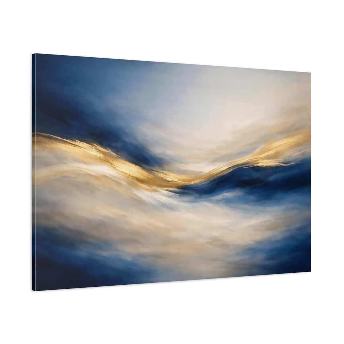 Main Mockup. Abstract Abstract Flow Blue And Gold shown as stretched canvas wall art