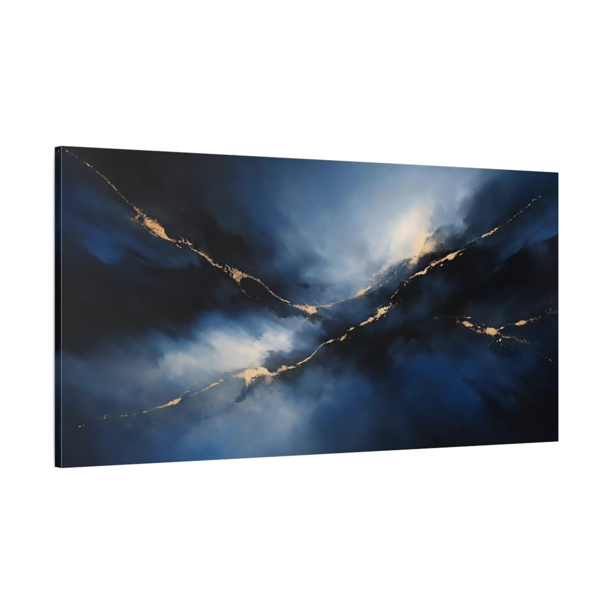 Main Mockup. Abstract Abstract Flow Blue And Gold shown as stretched canvas wall art