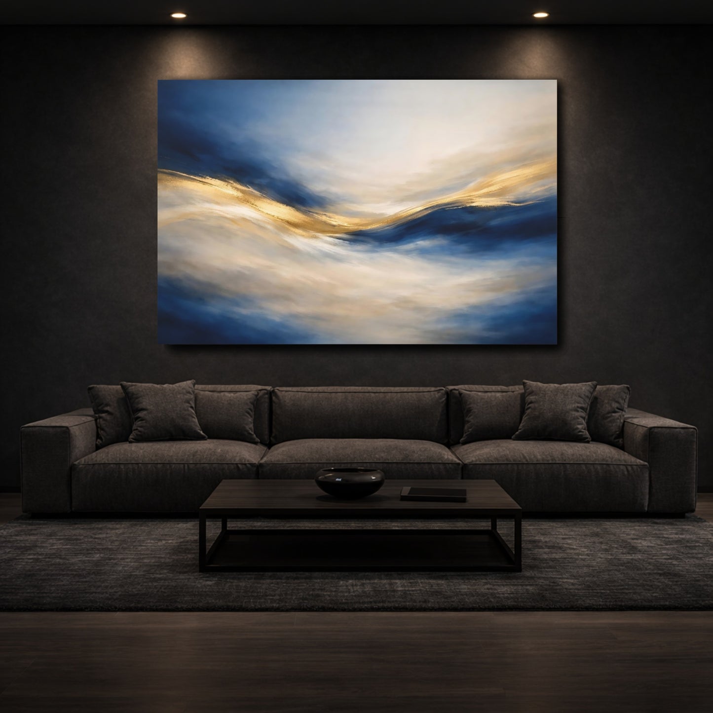 Mockup 2. Abstract Abstract Flow Blue And Gold shown as stretched canvas wall art