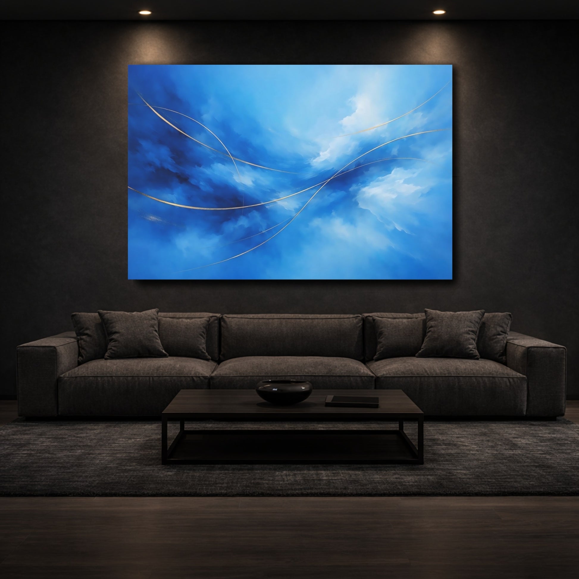 Mockup 2. Abstract Abstract Flow Blue And Gold shown as stretched canvas wall art