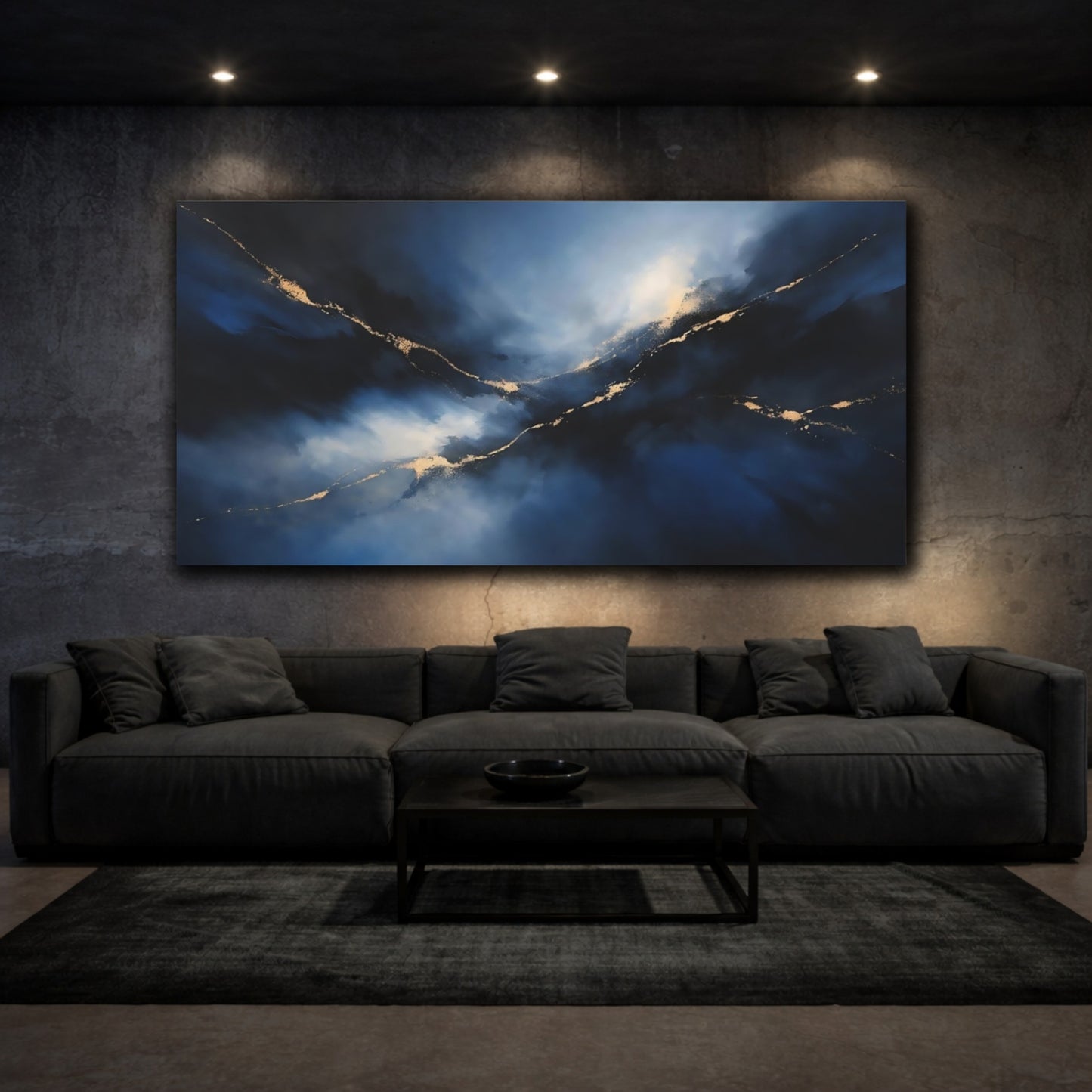 Mockup 2. Abstract Abstract Flow Blue And Gold shown as stretched canvas wall art